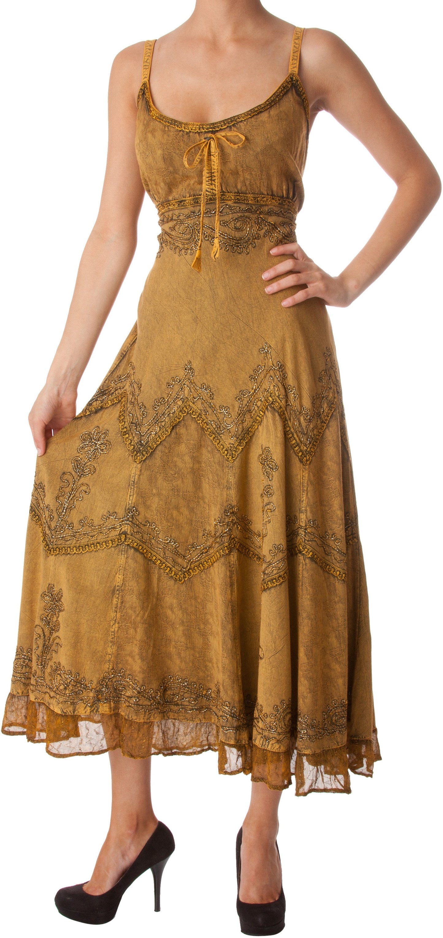 Sakkas Stonewashed Rayon Embroidered Adjustable Spaghetti Straps Long Dress - Concordia Style Boutique