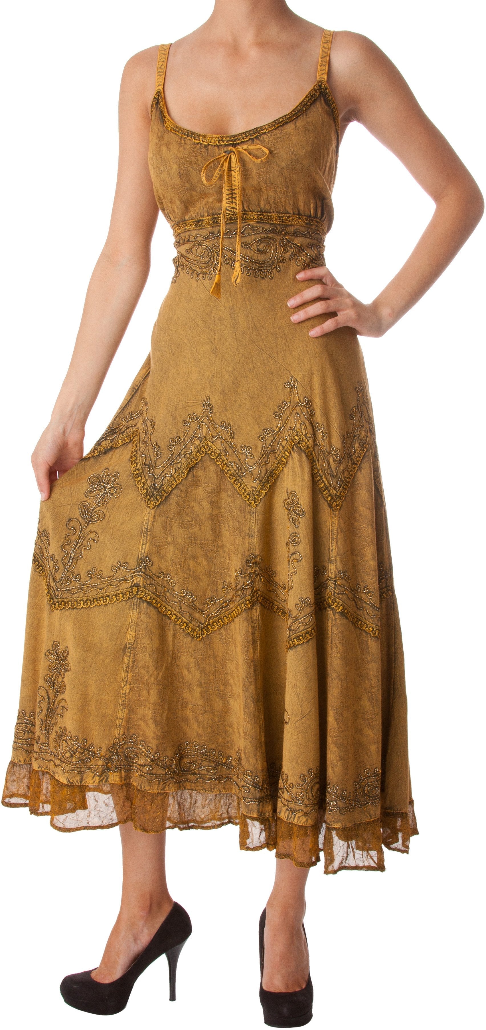 Sakkas Stonewashed Rayon Embroidered Adjustable Spaghetti Straps Long Dress - Concordia Style Boutique