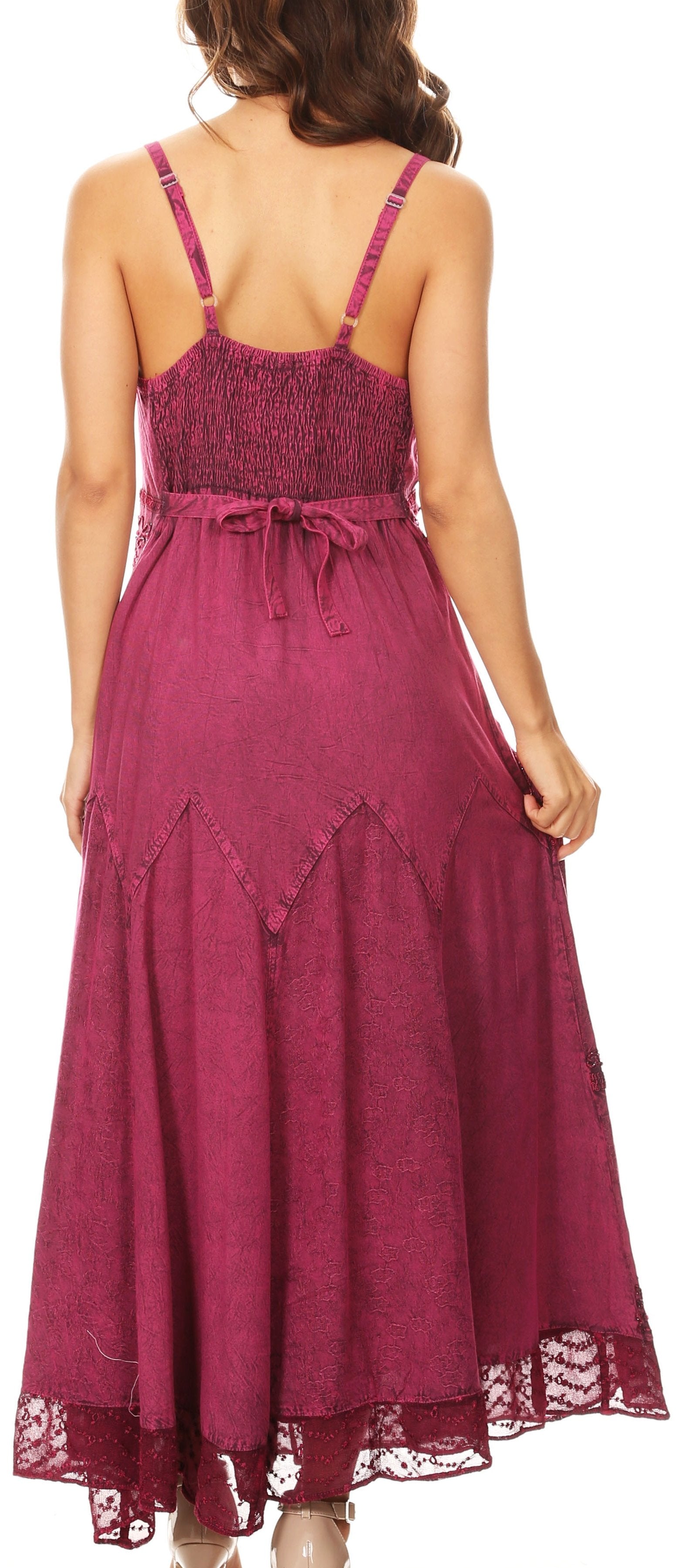 Sakkas Stonewashed Rayon Embroidered Adjustable Spaghetti Straps Long Dress - Concordia Style Boutique