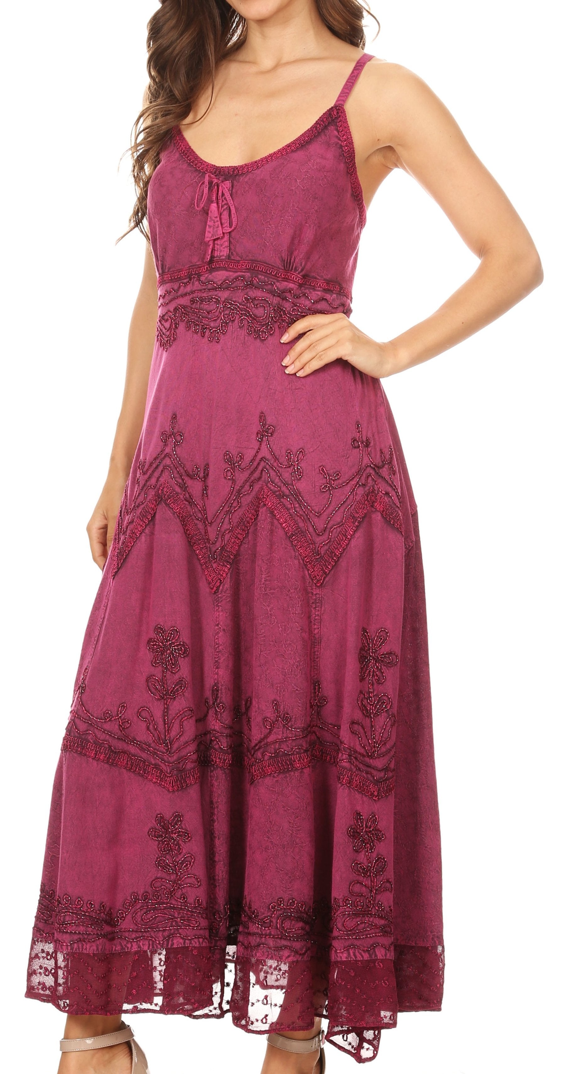 Sakkas Stonewashed Rayon Embroidered Adjustable Spaghetti Straps Long Dress - Concordia Style Boutique