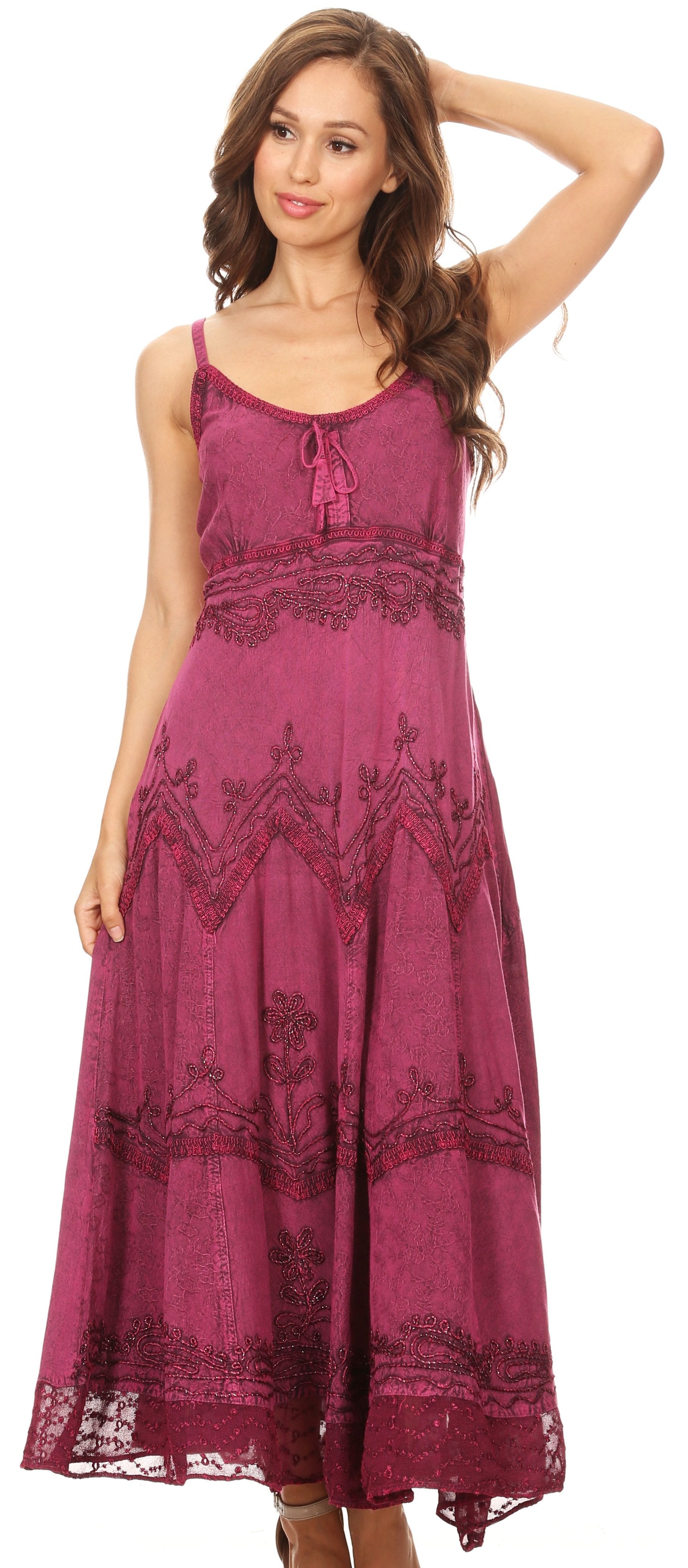 Sakkas Stonewashed Rayon Embroidered Adjustable Spaghetti Straps Long Dress - Concordia Style Boutique