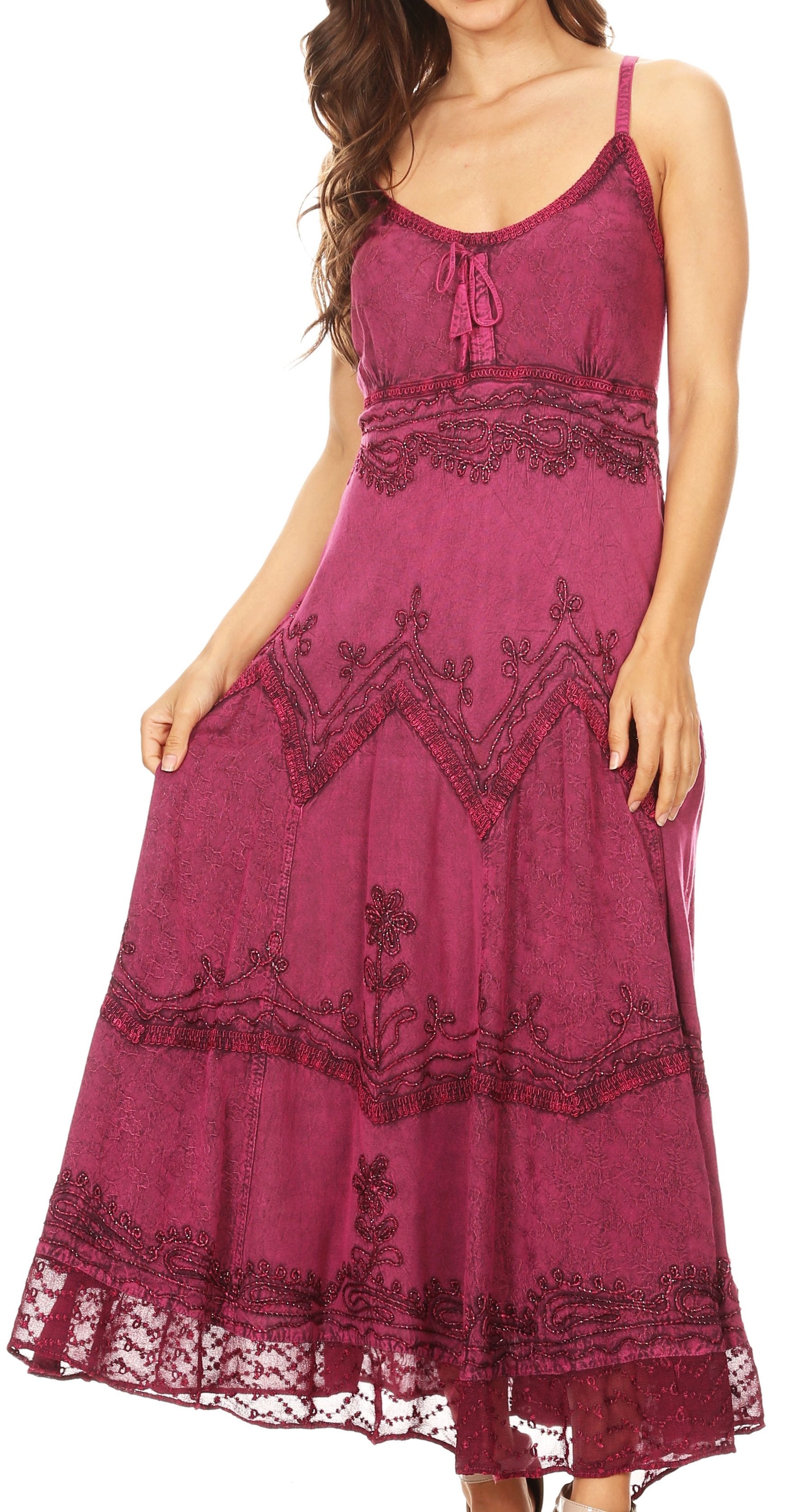 Sakkas Stonewashed Rayon Embroidered Adjustable Spaghetti Straps Long Dress - Concordia Style Boutique