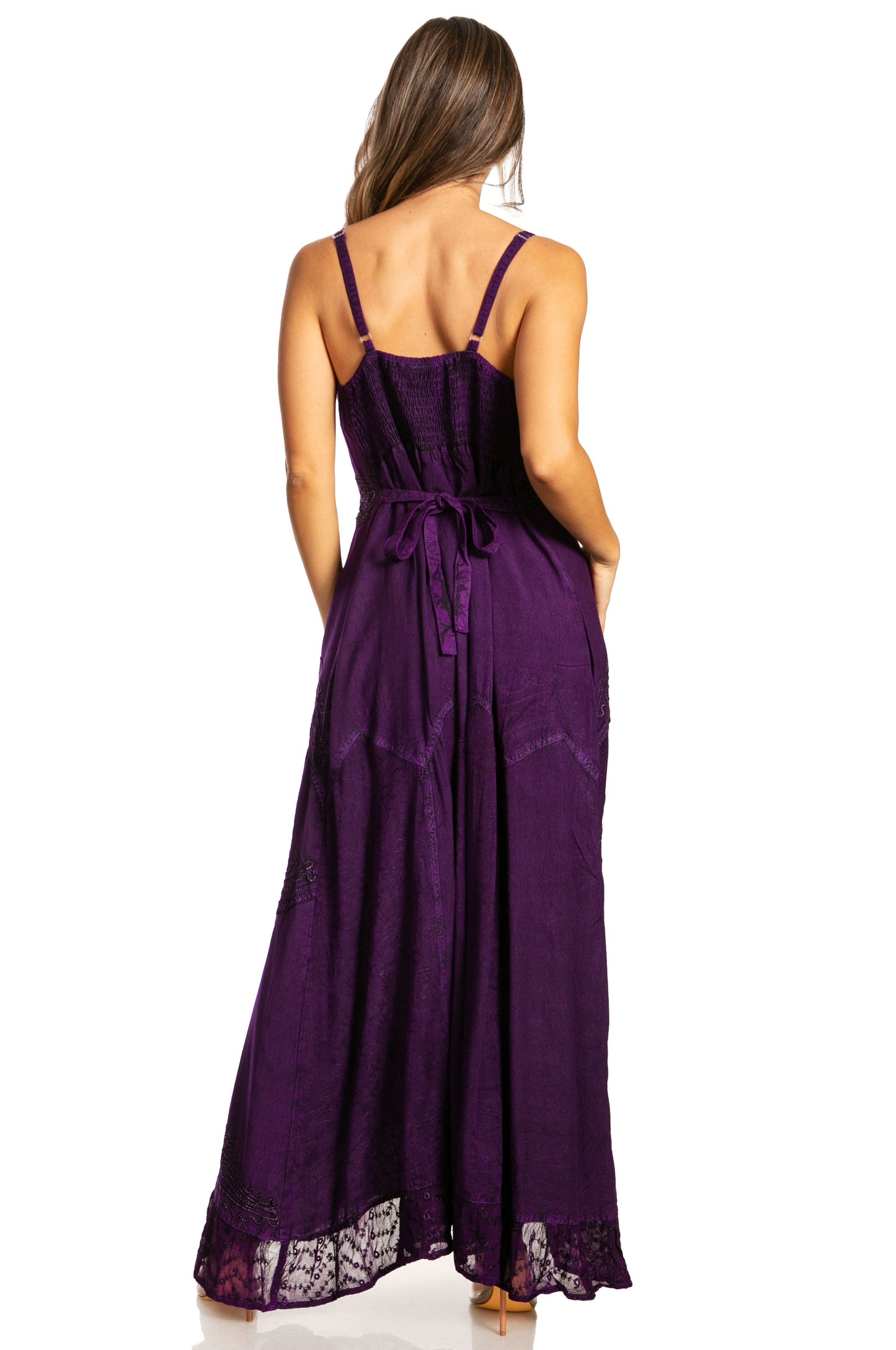 Sakkas Stonewashed Rayon Embroidered Adjustable Spaghetti Straps Long Dress - Concordia Style Boutique