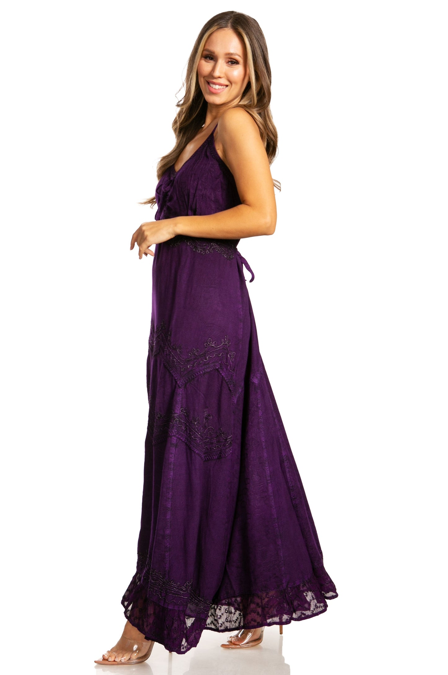 Sakkas Stonewashed Rayon Embroidered Adjustable Spaghetti Straps Long Dress - Concordia Style Boutique
