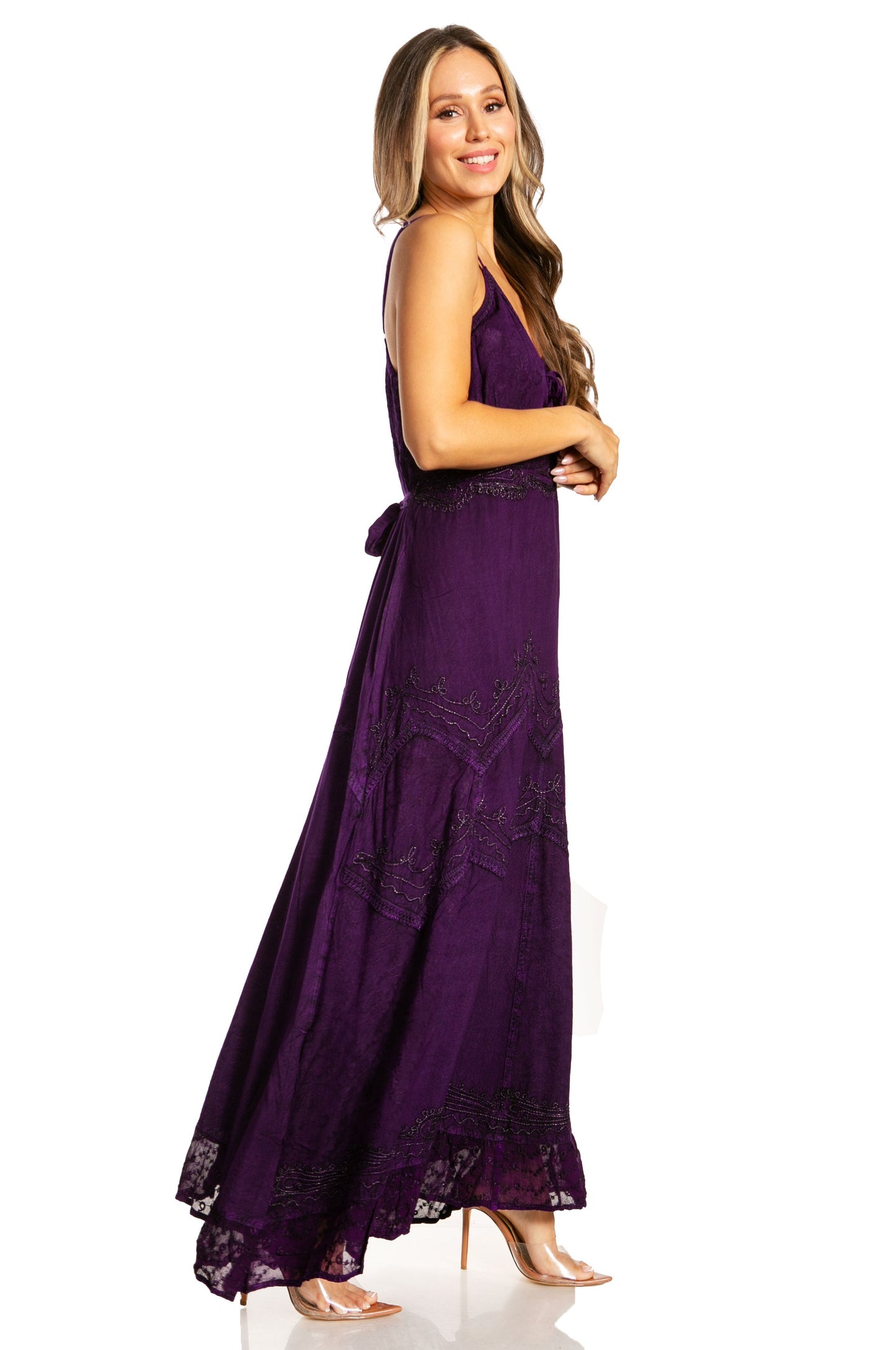 Sakkas Stonewashed Rayon Embroidered Adjustable Spaghetti Straps Long Dress - Concordia Style Boutique
