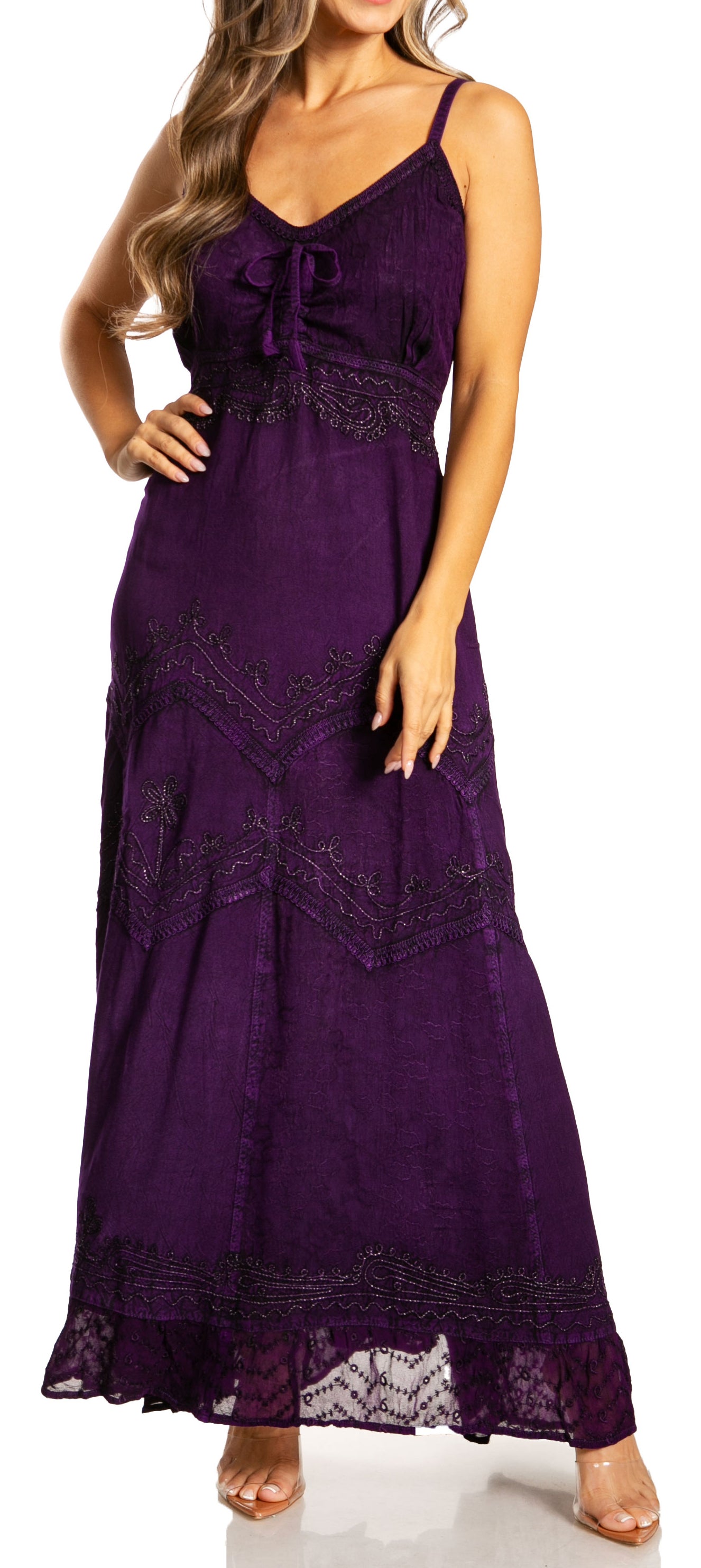 Sakkas Stonewashed Rayon Embroidered Adjustable Spaghetti Straps Long Dress - Concordia Style Boutique