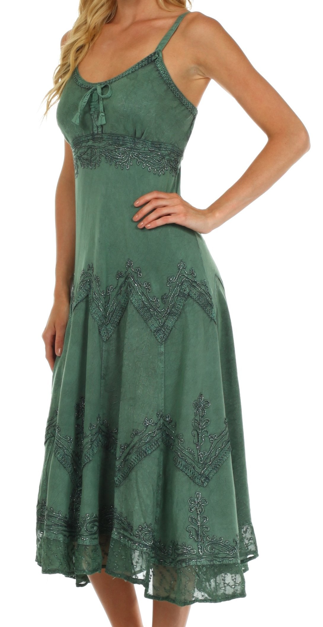 Sakkas Stonewashed Rayon Embroidered Adjustable Spaghetti Straps Long Dress - Concordia Style Boutique