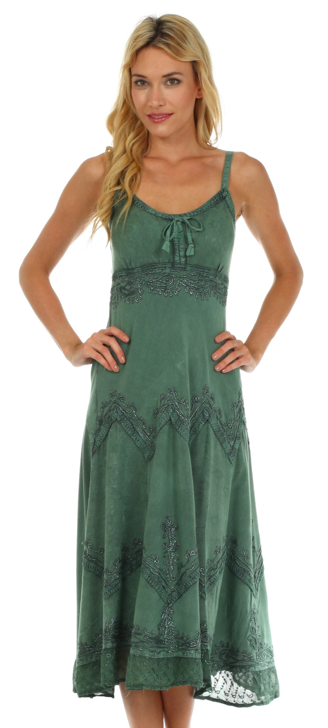 Sakkas Stonewashed Rayon Embroidered Adjustable Spaghetti Straps Long Dress - Concordia Style Boutique