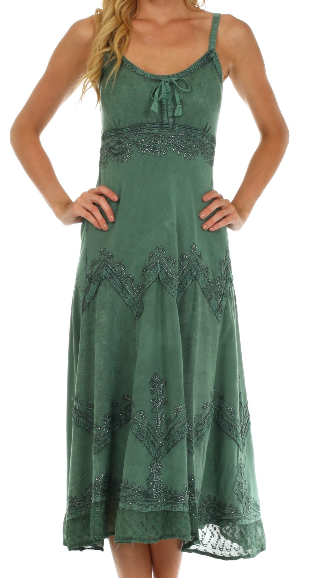 Sakkas Stonewashed Rayon Embroidered Adjustable Spaghetti Straps Long Dress - Concordia Style Boutique