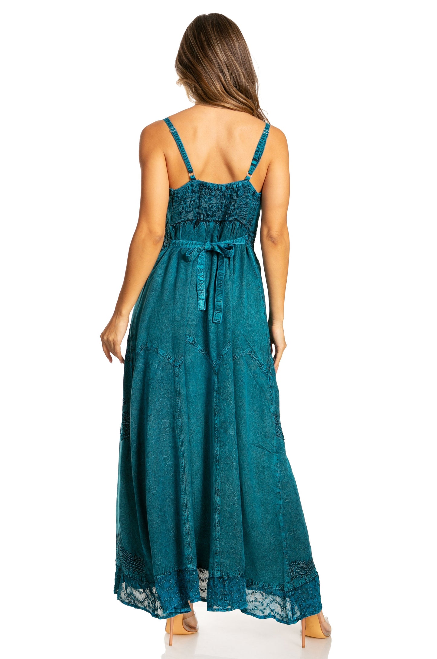 Sakkas Stonewashed Rayon Embroidered Adjustable Spaghetti Straps Long Dress - Concordia Style Boutique