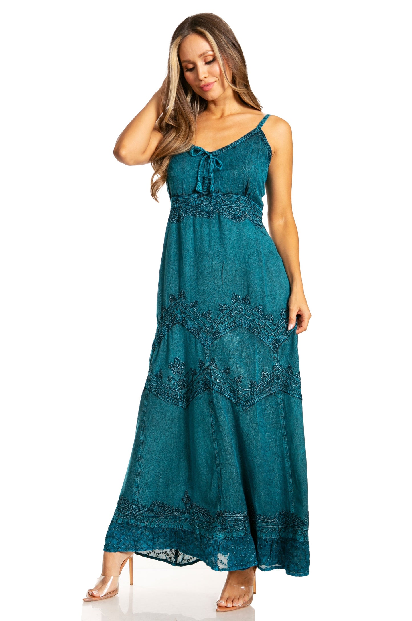 Sakkas Stonewashed Rayon Embroidered Adjustable Spaghetti Straps Long Dress - Concordia Style Boutique