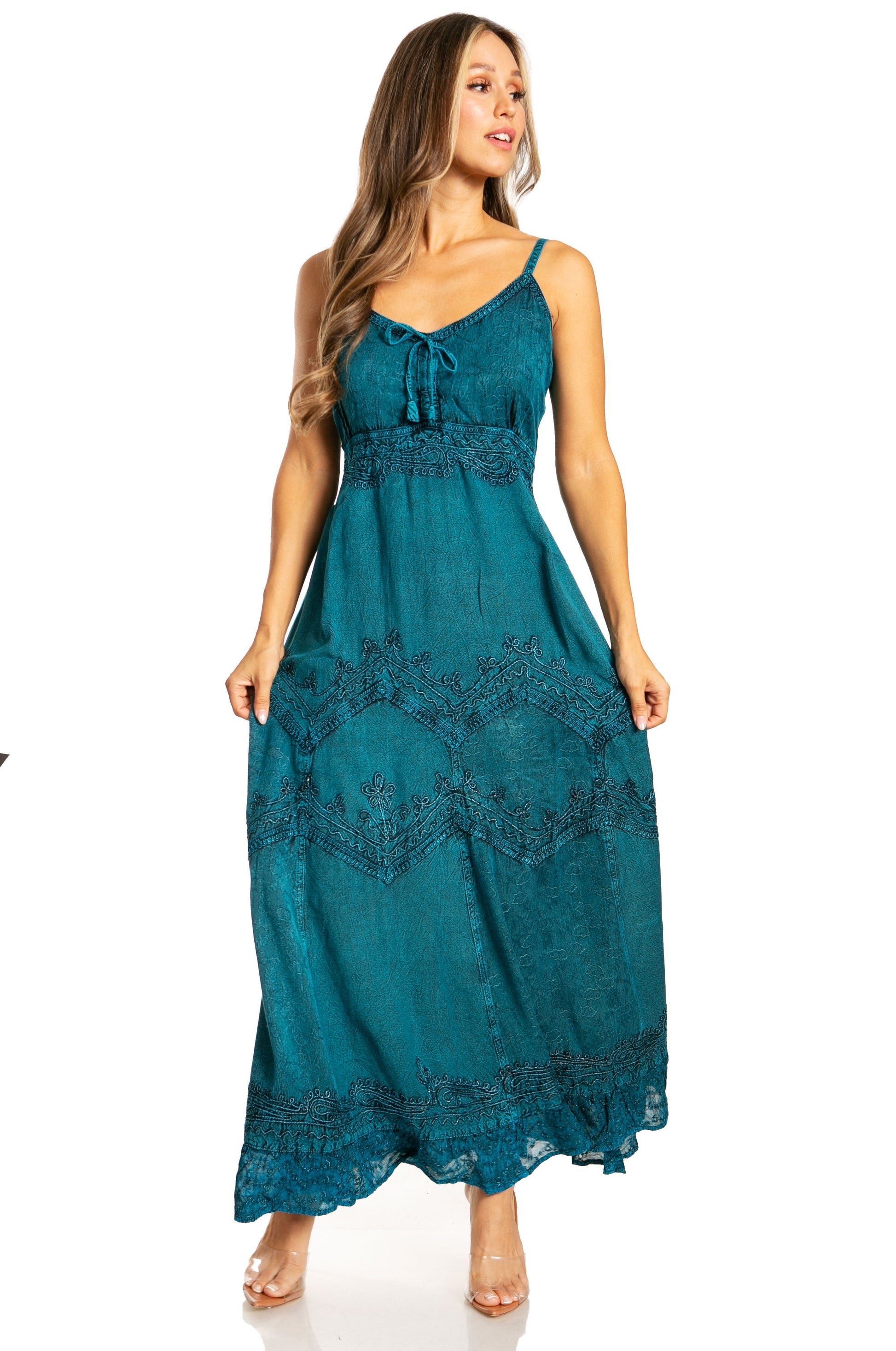 Sakkas Stonewashed Rayon Embroidered Adjustable Spaghetti Straps Long Dress - Concordia Style Boutique