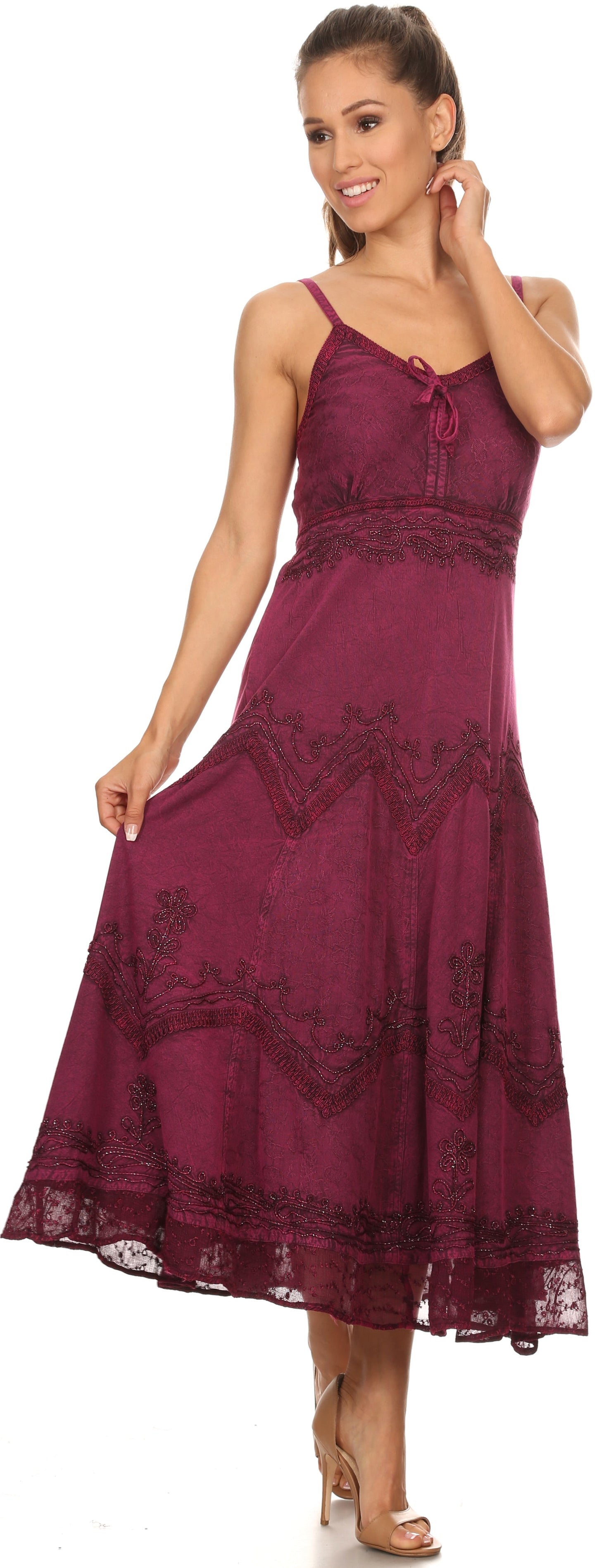 Sakkas Stonewashed Rayon Embroidered Adjustable Spaghetti Straps Long Dress - Concordia Style Boutique