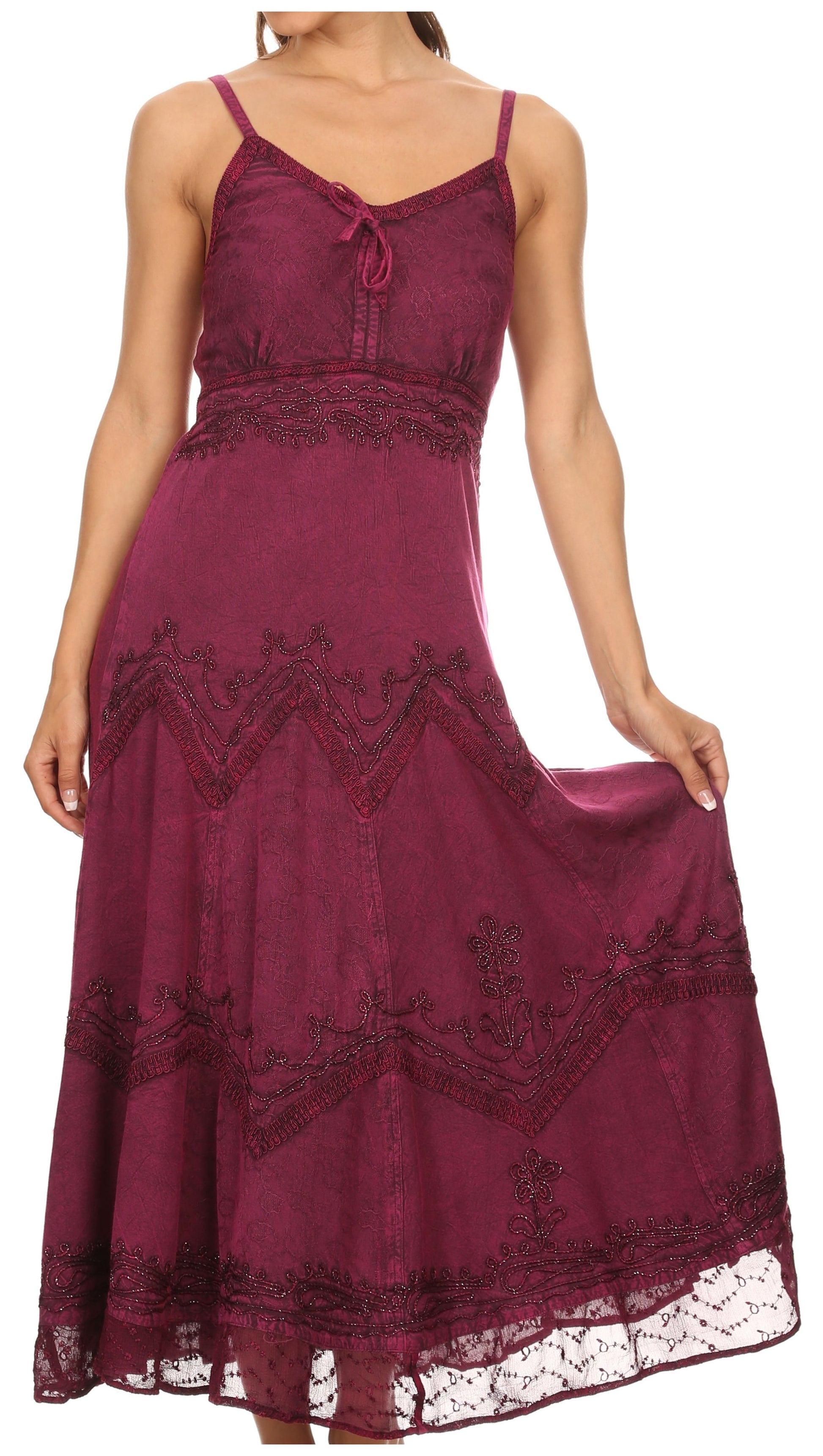Sakkas Stonewashed Rayon Embroidered Adjustable Spaghetti Straps Long Dress - Concordia Style Boutique