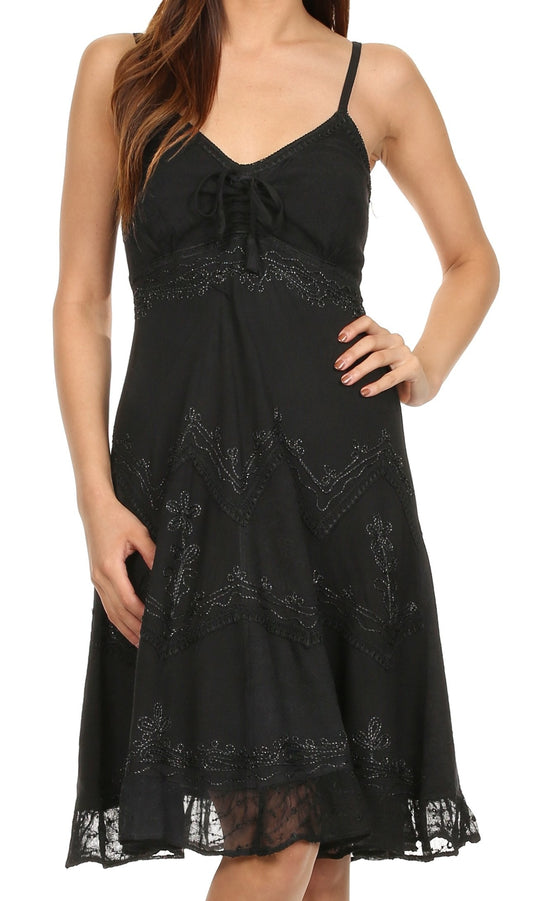 Sakkas Stonewashed Rayon Adjustable Spaghetti Straps Mid Length Dress - Concordia Style Boutique
