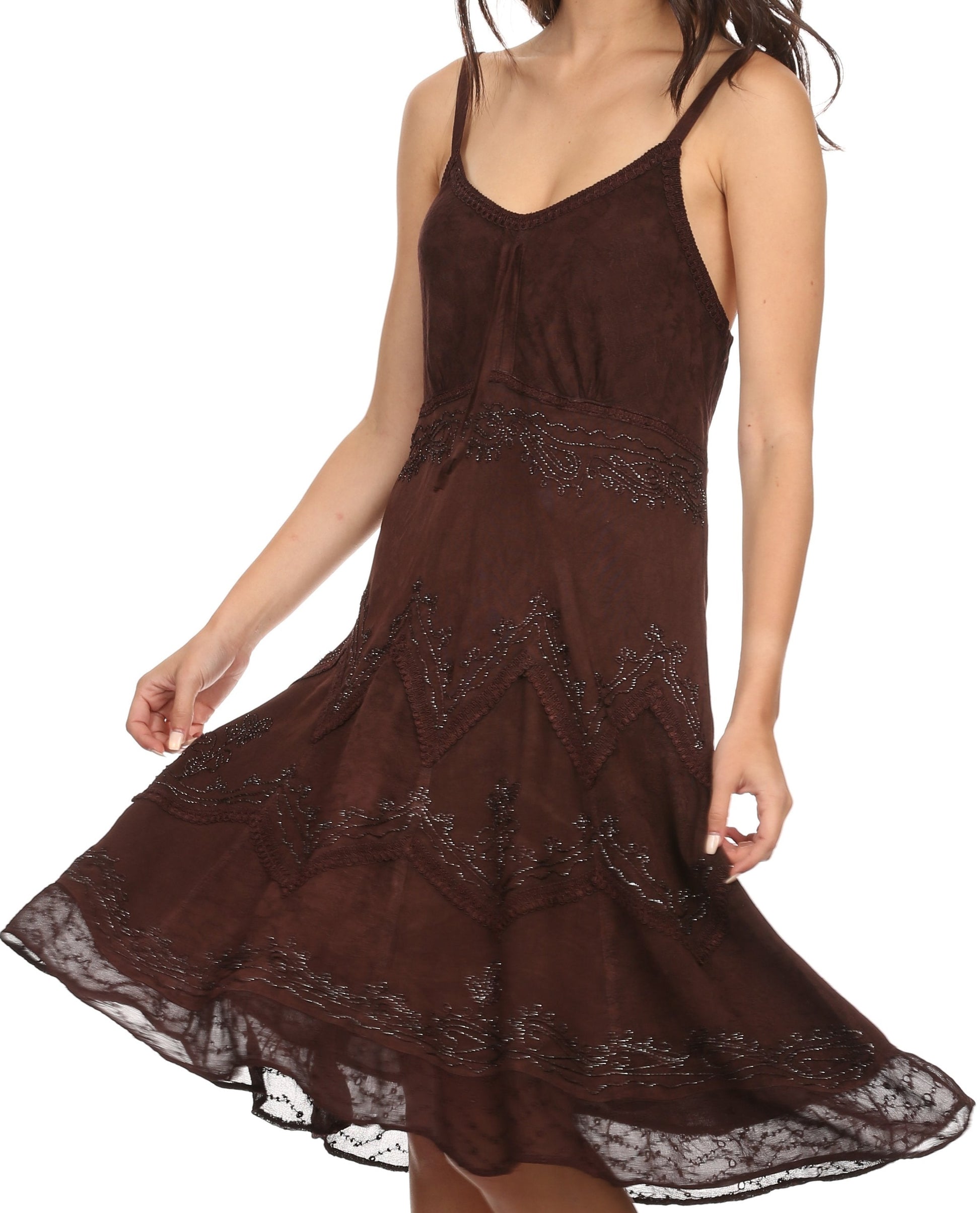 Sakkas Stonewashed Rayon Adjustable Spaghetti Straps Mid Length Dress - Concordia Style Boutique
