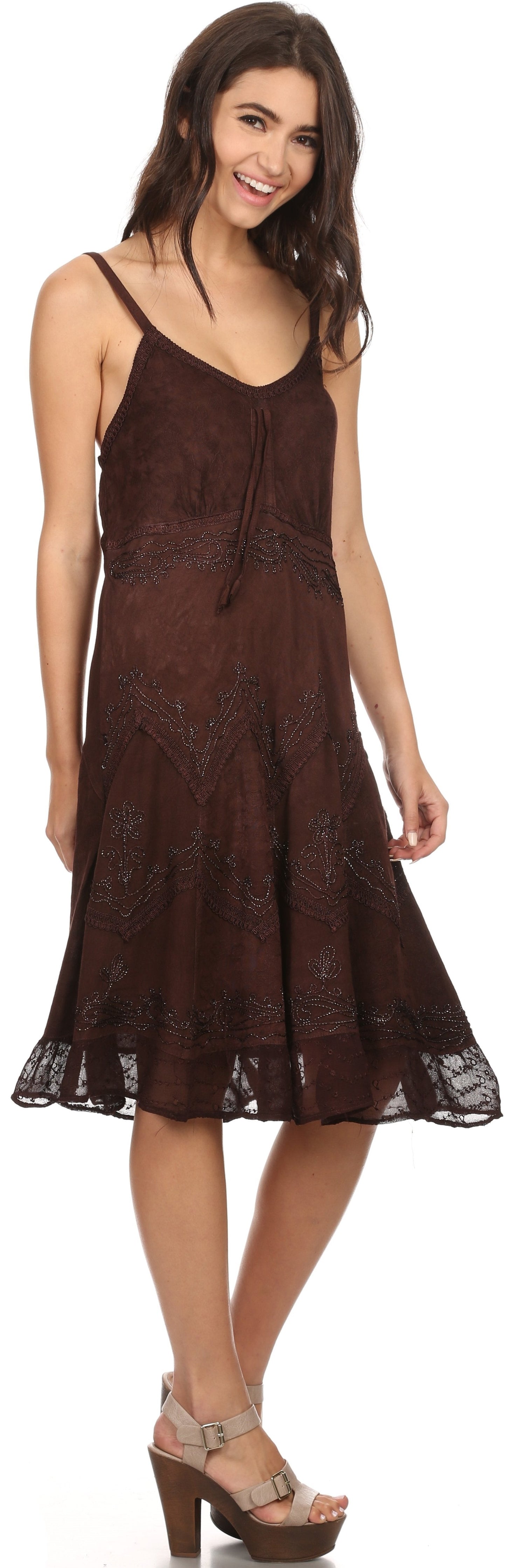 Sakkas Stonewashed Rayon Adjustable Spaghetti Straps Mid Length Dress - Concordia Style Boutique