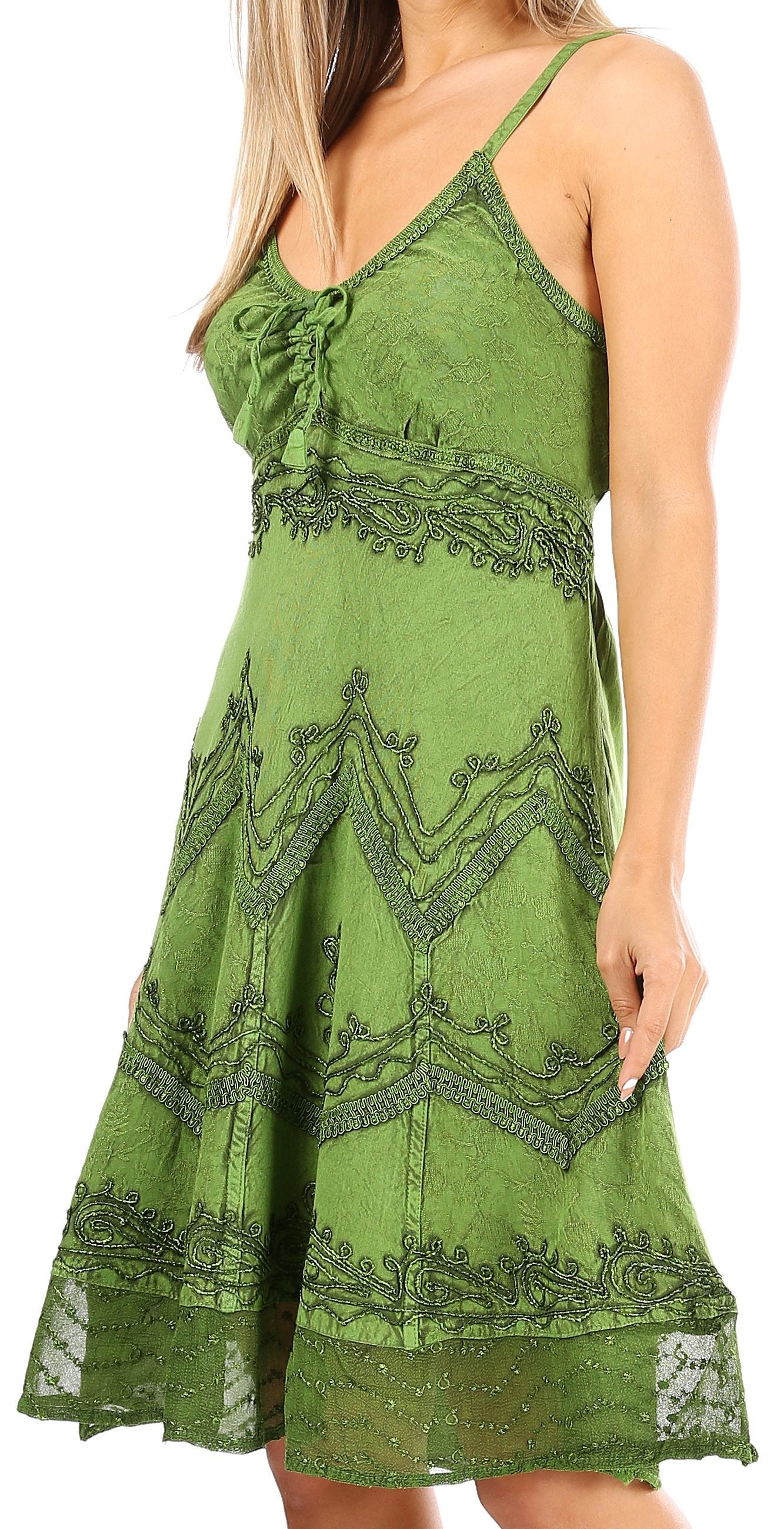 Sakkas Stonewashed Rayon Adjustable Spaghetti Straps Mid Length Dress - Concordia Style Boutique