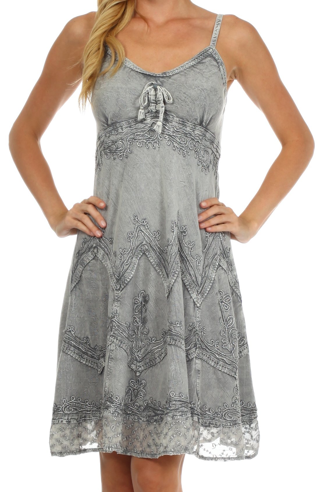 Sakkas Stonewashed Rayon Adjustable Spaghetti Straps Mid Length Dress - Concordia Style Boutique