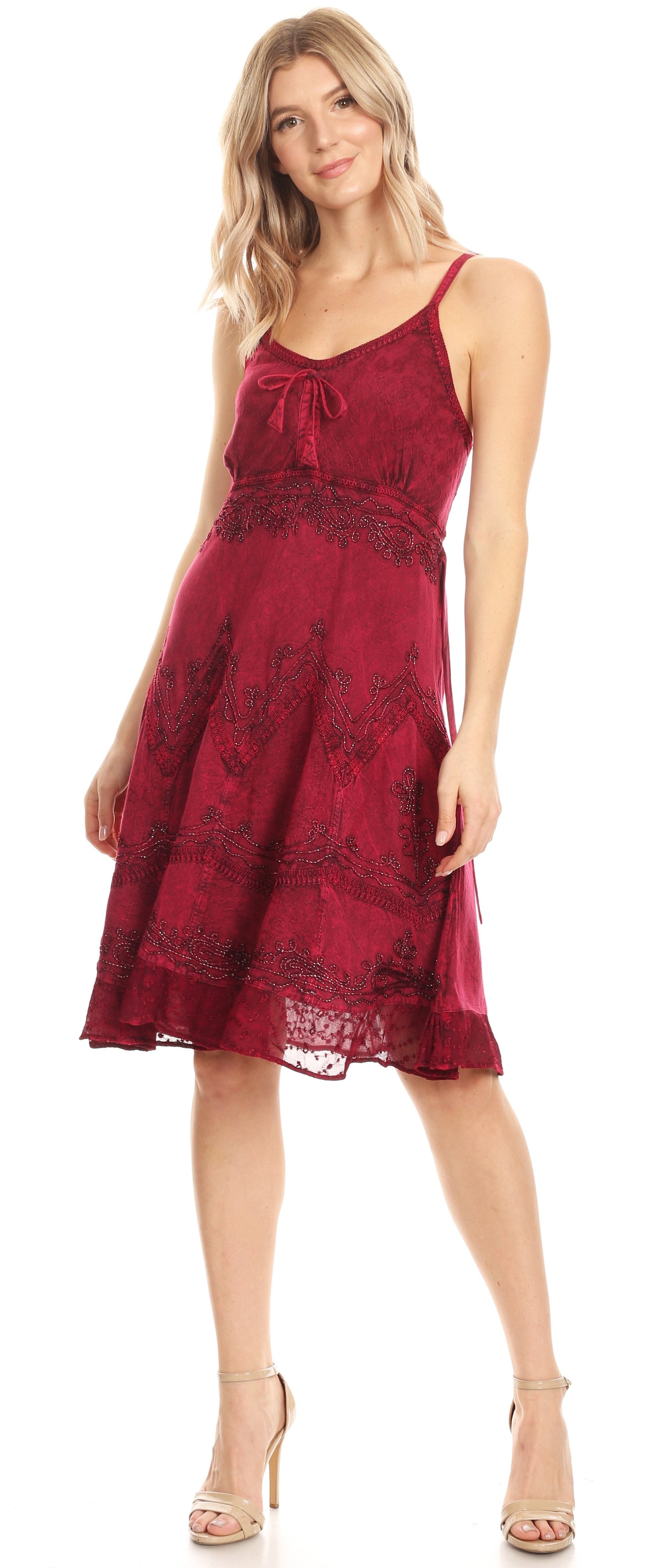 Sakkas Stonewashed Rayon Adjustable Spaghetti Straps Mid Length Dress - Concordia Style Boutique
