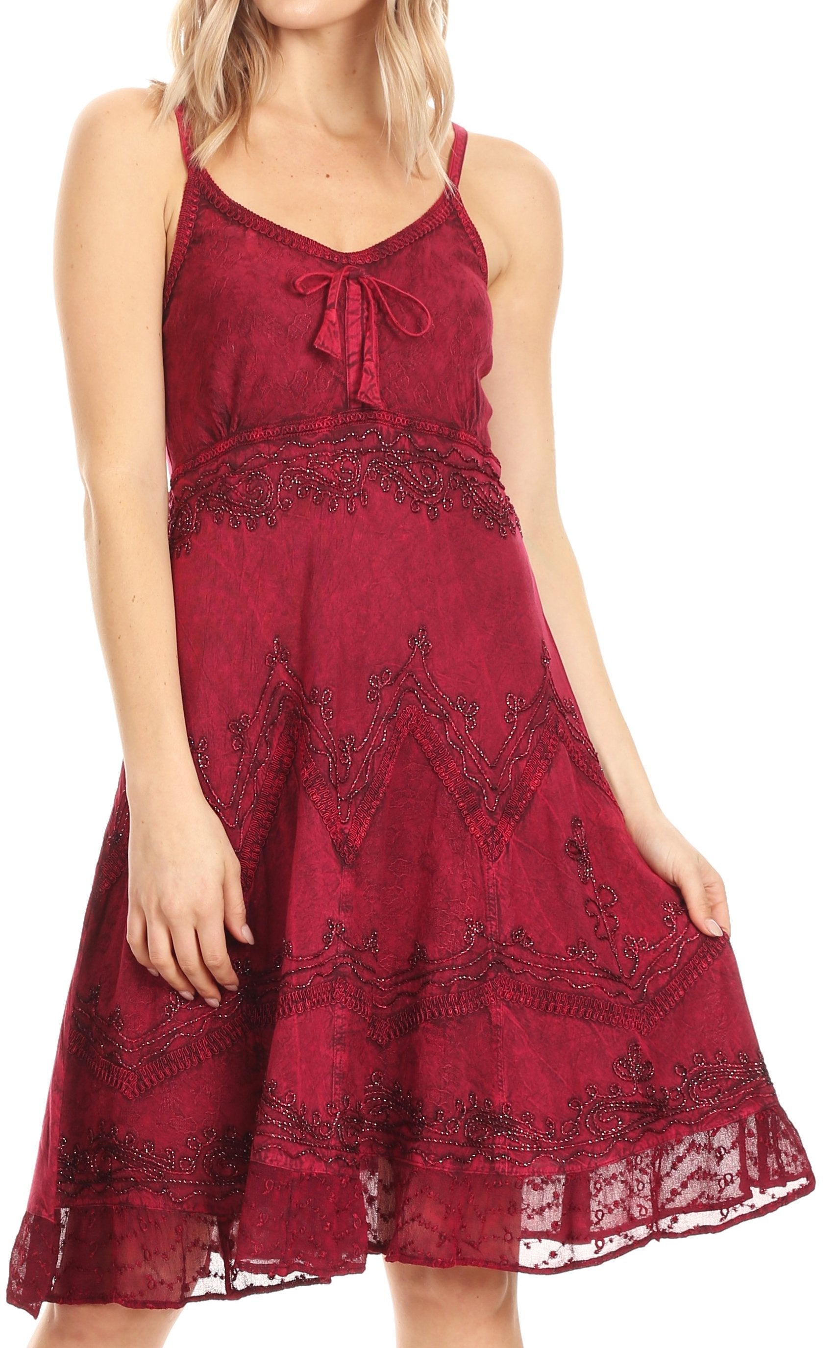 Sakkas Stonewashed Rayon Adjustable Spaghetti Straps Mid Length Dress - Concordia Style Boutique