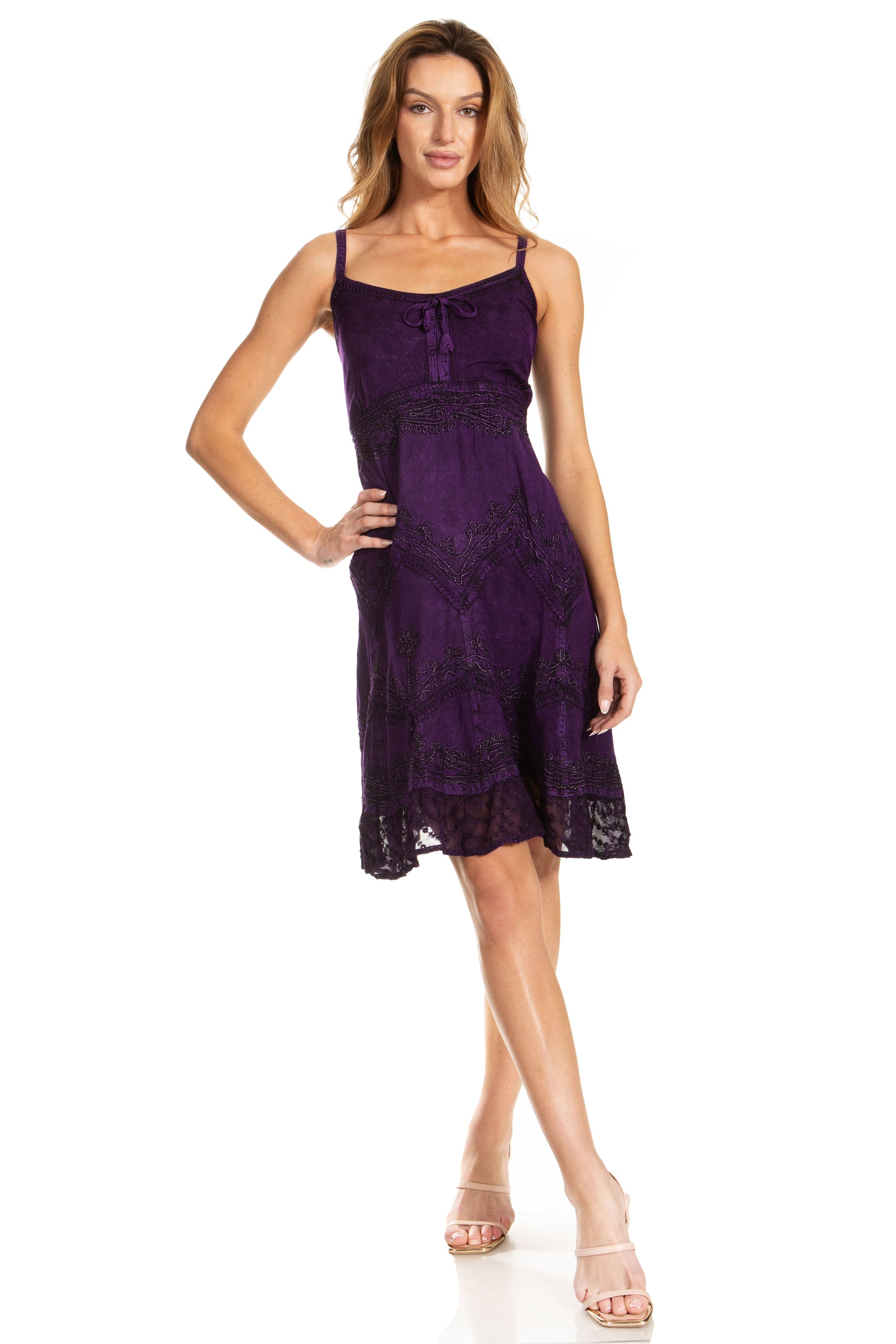 Sakkas Stonewashed Rayon Adjustable Spaghetti Straps Mid Length Dress - Concordia Style Boutique
