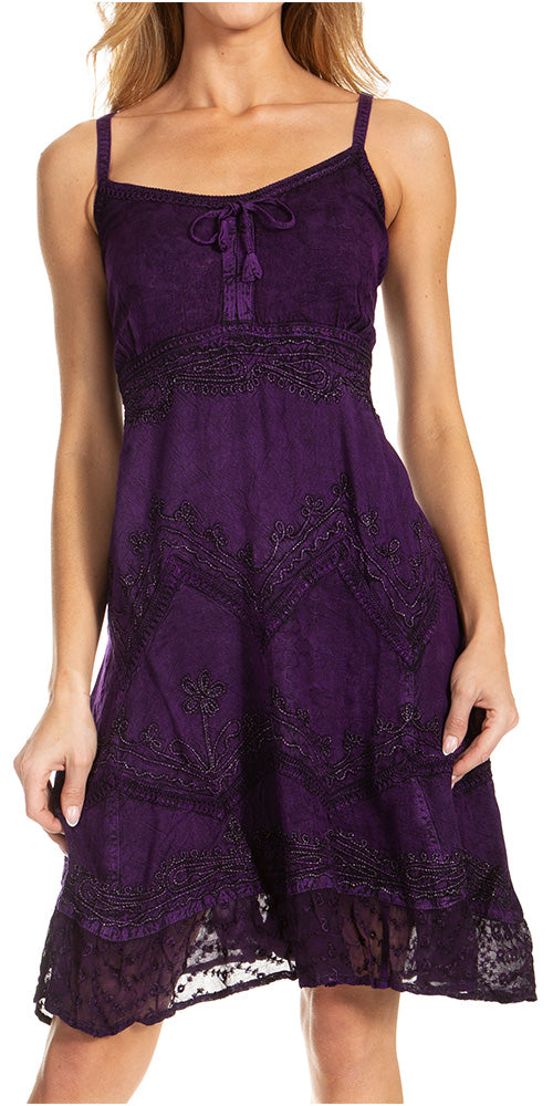 Sakkas Stonewashed Rayon Adjustable Spaghetti Straps Mid Length Dress - Concordia Style Boutique