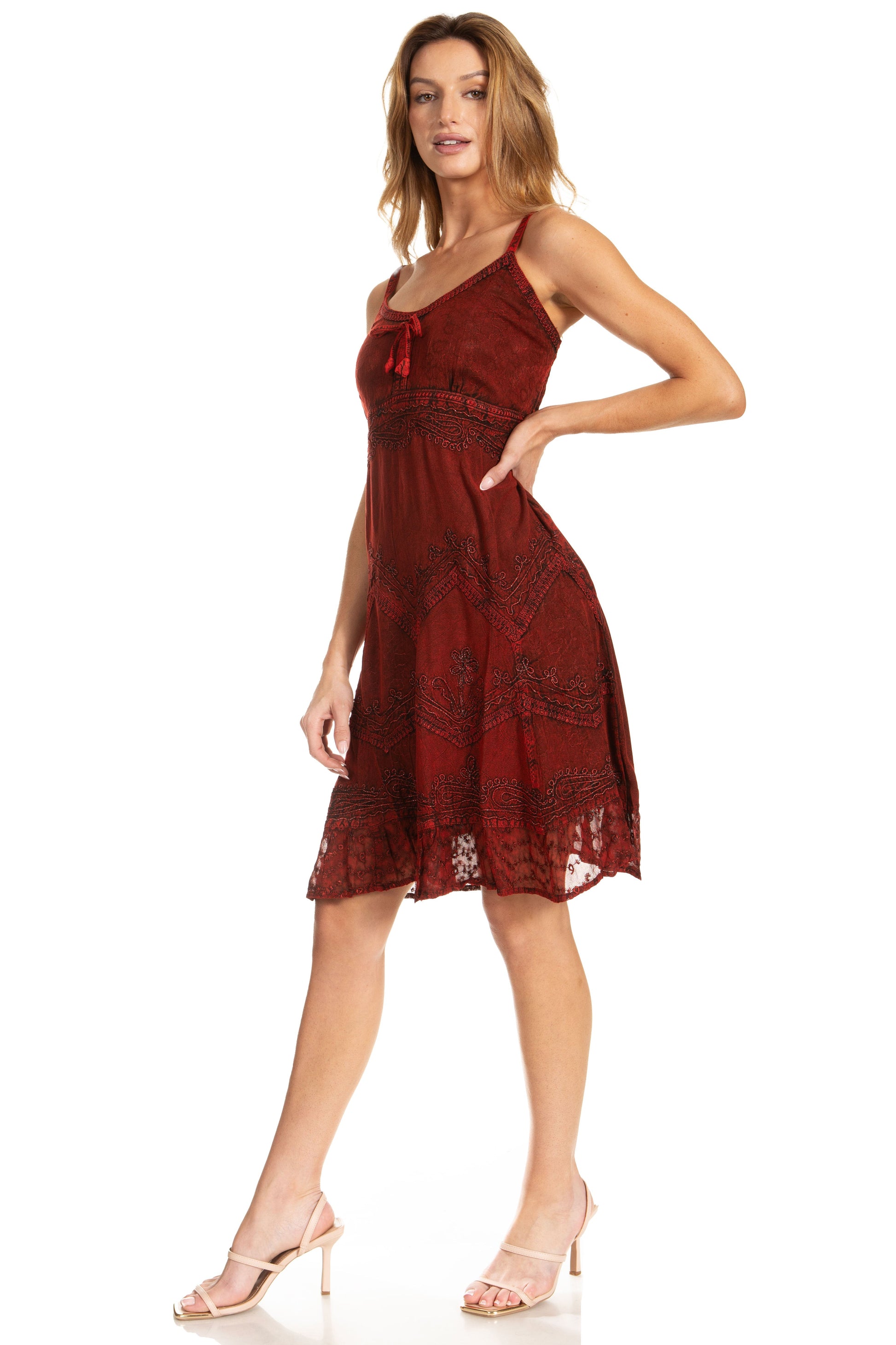 Sakkas Stonewashed Rayon Adjustable Spaghetti Straps Mid Length Dress - Concordia Style Boutique