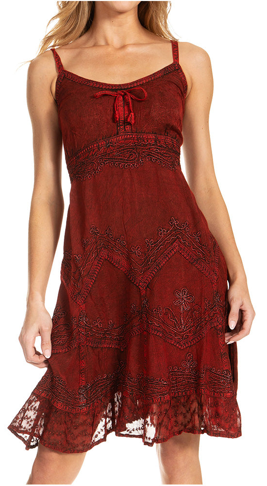 Sakkas Stonewashed Rayon Adjustable Spaghetti Straps Mid Length Dress - Concordia Style Boutique