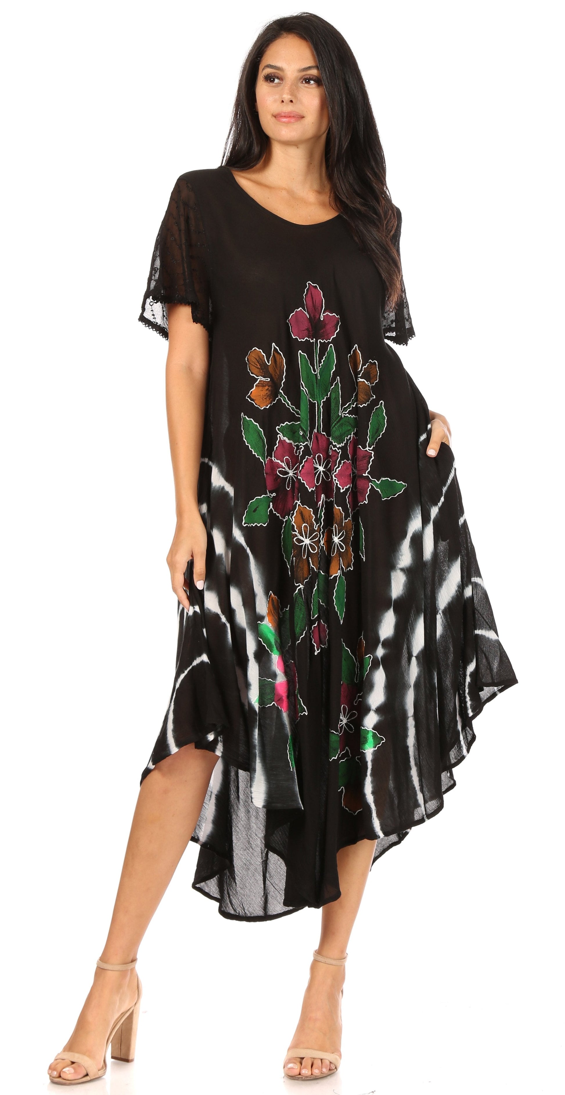 Sakkas Embroidered Painted Floral Cap Sleeve Rayon Dress - Concordia Style Boutique
