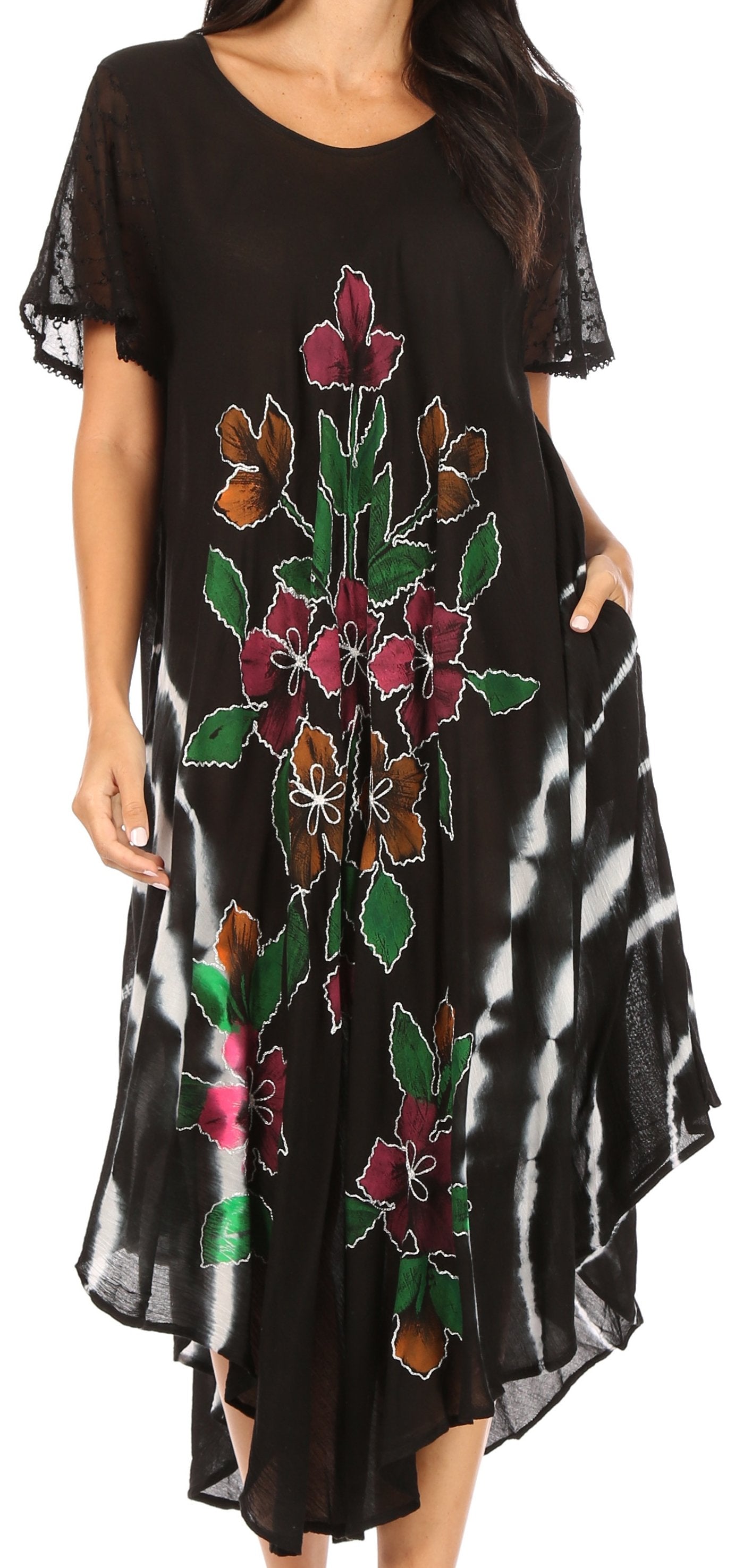 Sakkas Embroidered Painted Floral Cap Sleeve Rayon Dress - Concordia Style Boutique