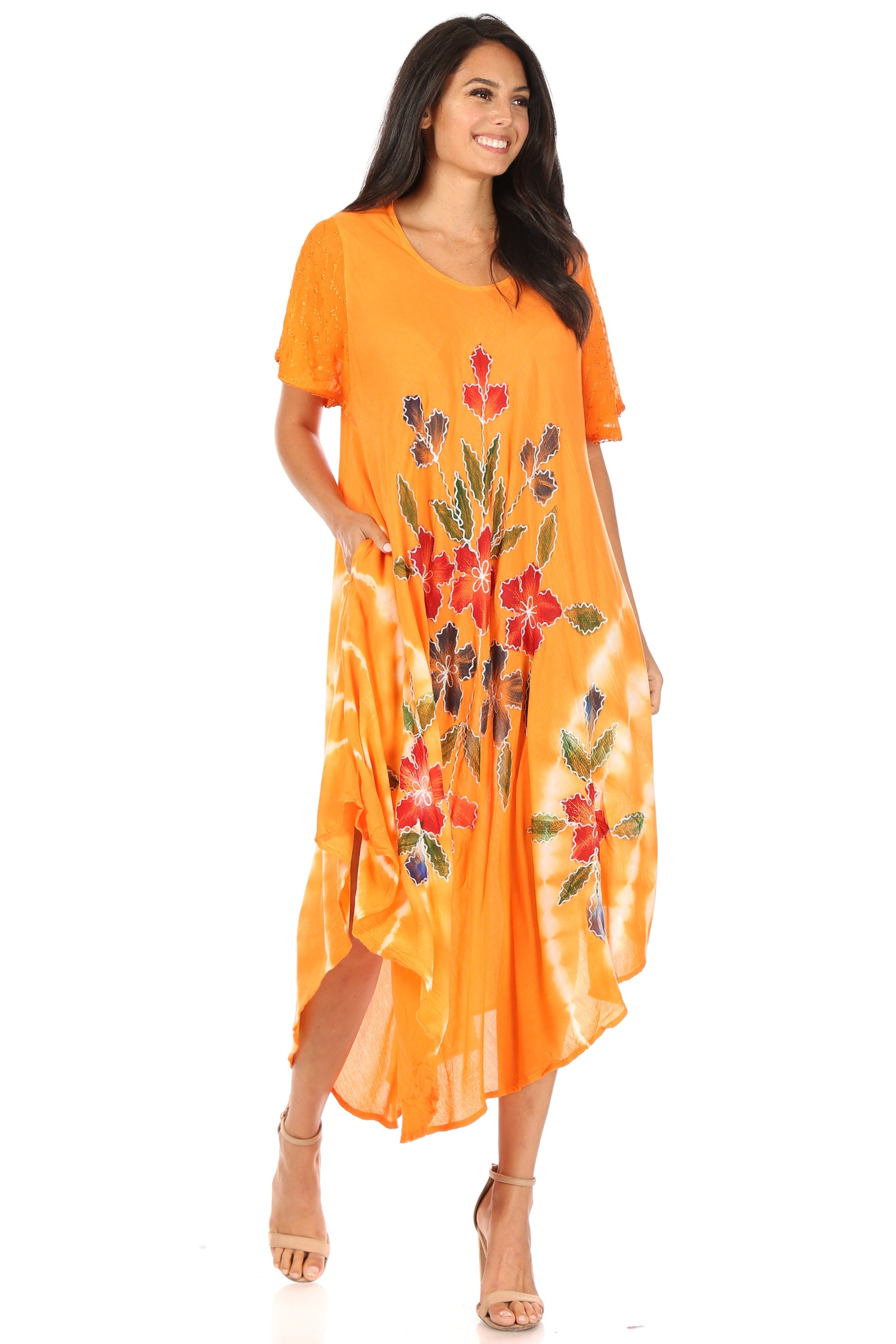 Sakkas Embroidered Painted Floral Cap Sleeve Rayon Dress - Concordia Style Boutique