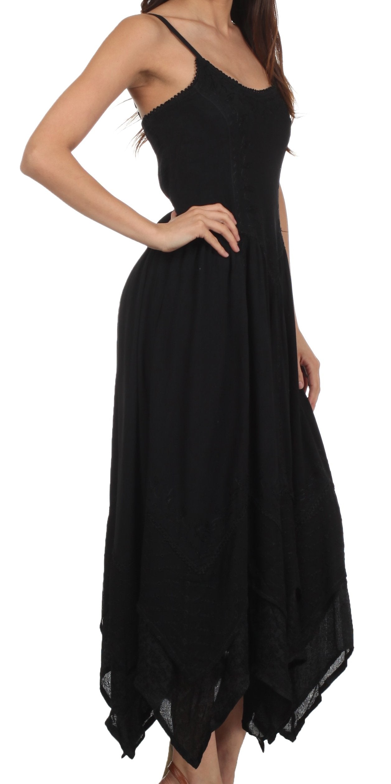 Sakkas Rayon Embroidered Stonewashed Adjustable Spaghetti Straps Long Dress - Concordia Style Boutique