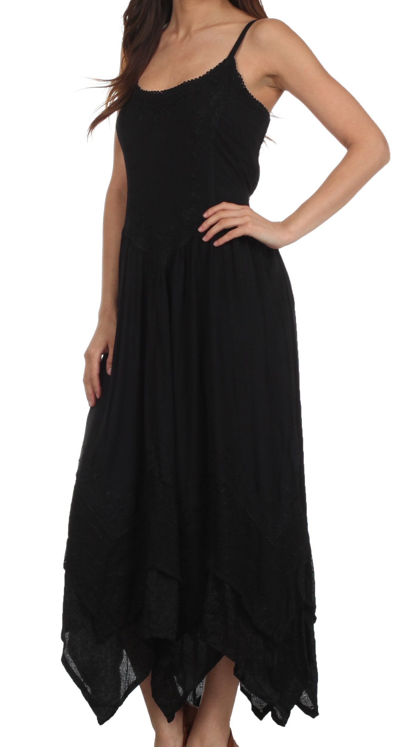 Sakkas Rayon Embroidered Stonewashed Adjustable Spaghetti Straps Long Dress - Concordia Style Boutique