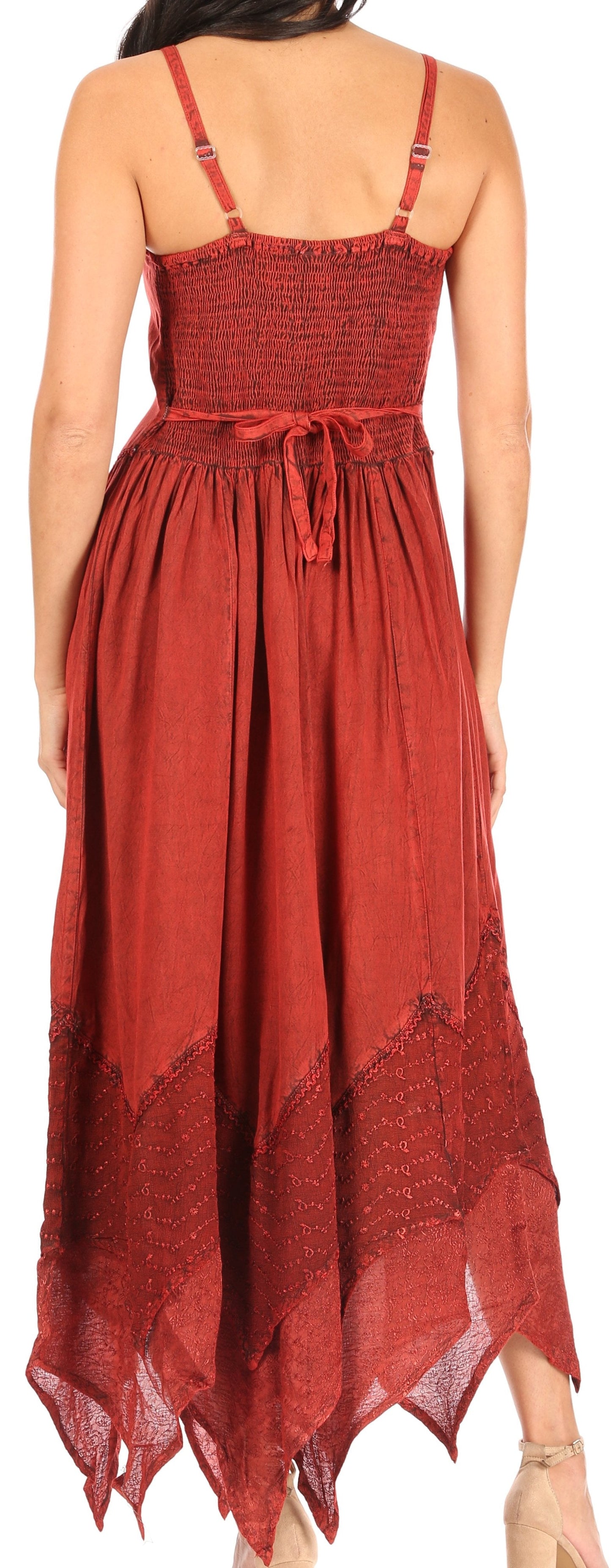 Sakkas Rayon Embroidered Stonewashed Adjustable Spaghetti Straps Long Dress - Concordia Style Boutique