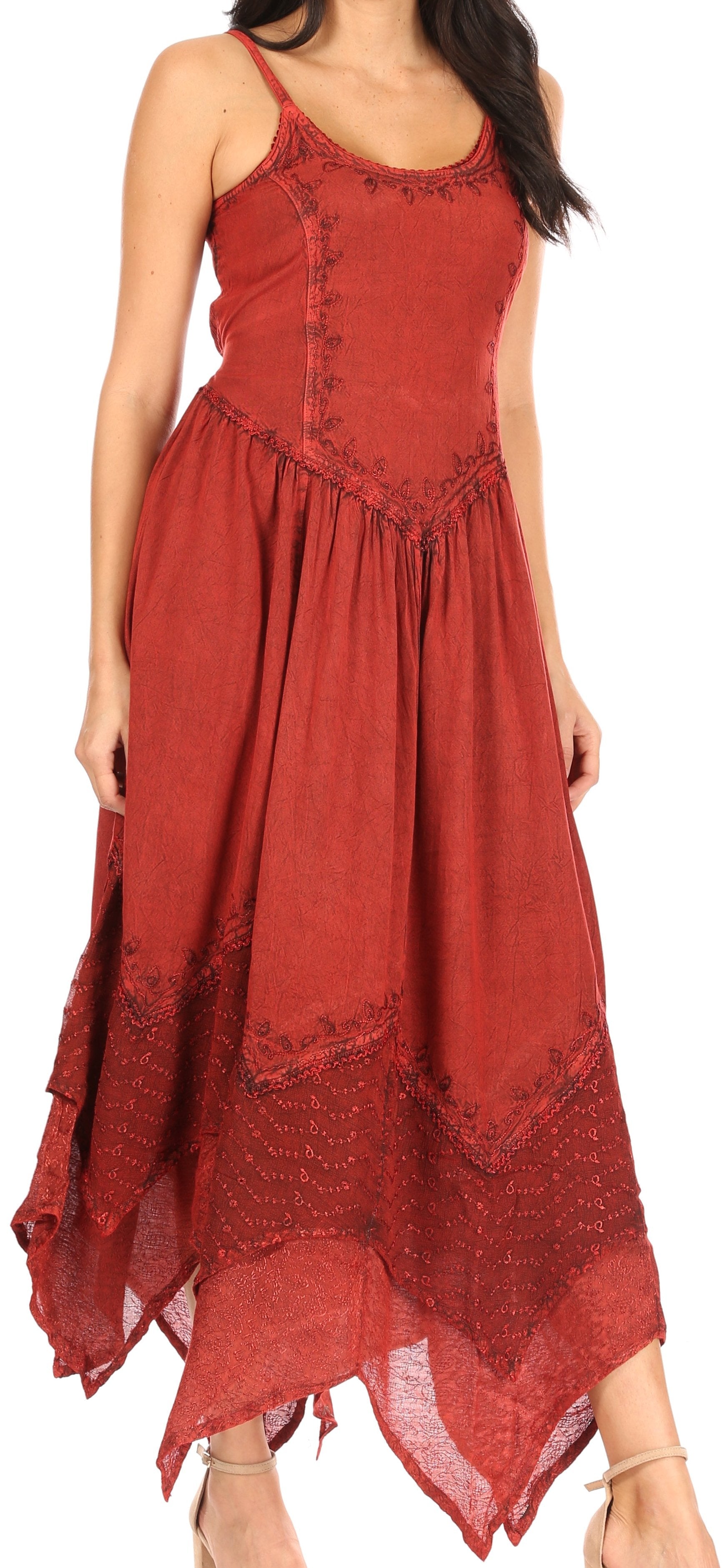 Sakkas Rayon Embroidered Stonewashed Adjustable Spaghetti Straps Long Dress - Concordia Style Boutique