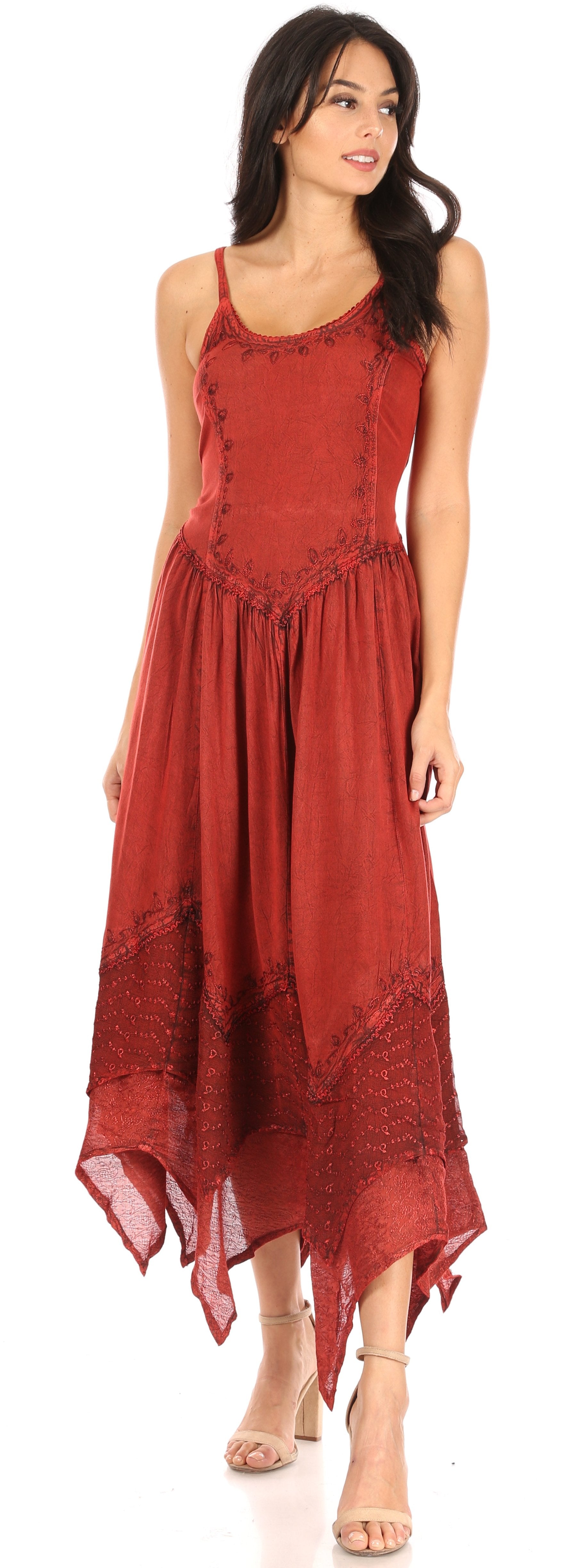 Sakkas Rayon Embroidered Stonewashed Adjustable Spaghetti Straps Long Dress - Concordia Style Boutique