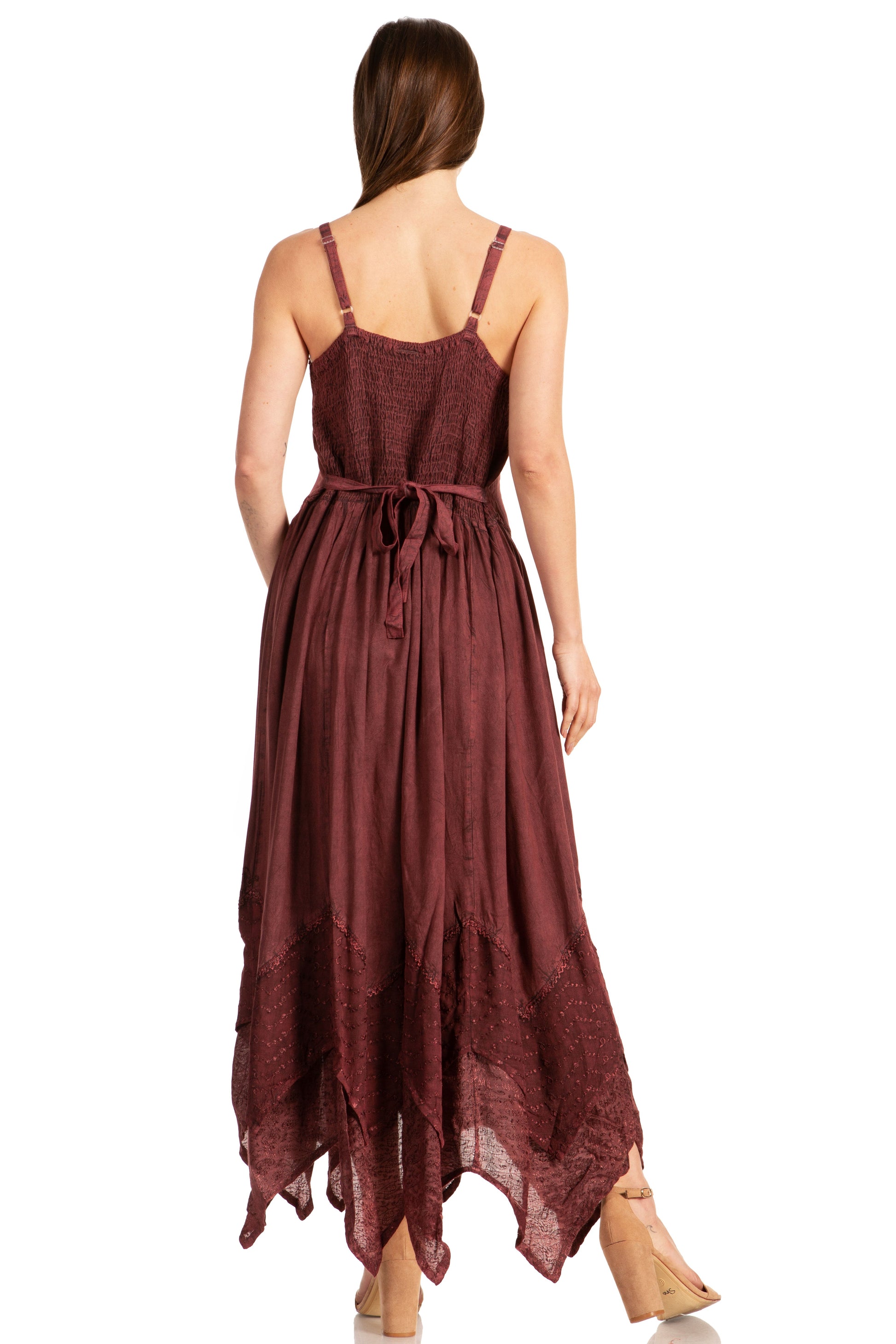 Sakkas Rayon Embroidered Stonewashed Adjustable Spaghetti Straps Long Dress - Concordia Style Boutique