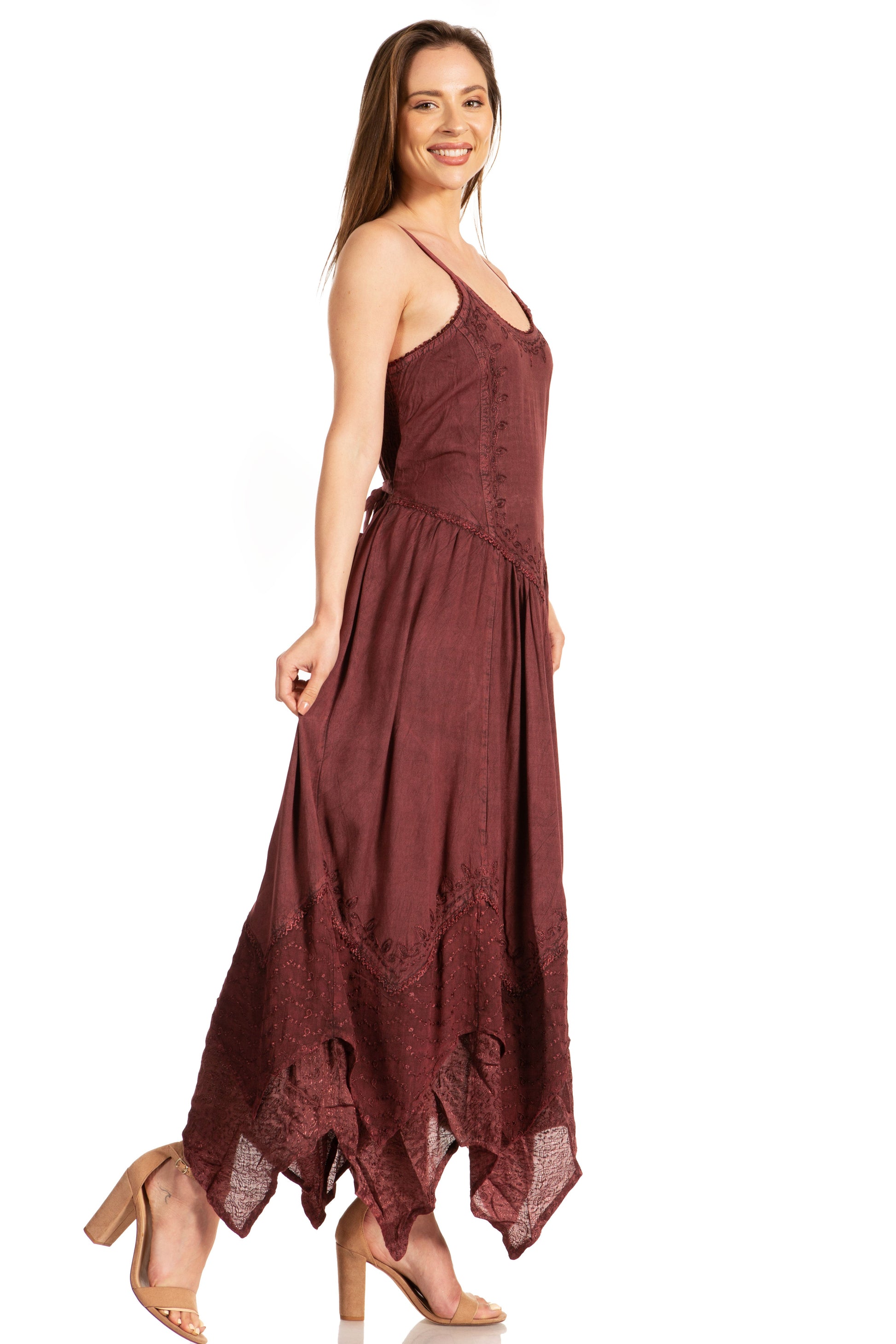 Sakkas Rayon Embroidered Stonewashed Adjustable Spaghetti Straps Long Dress - Concordia Style Boutique