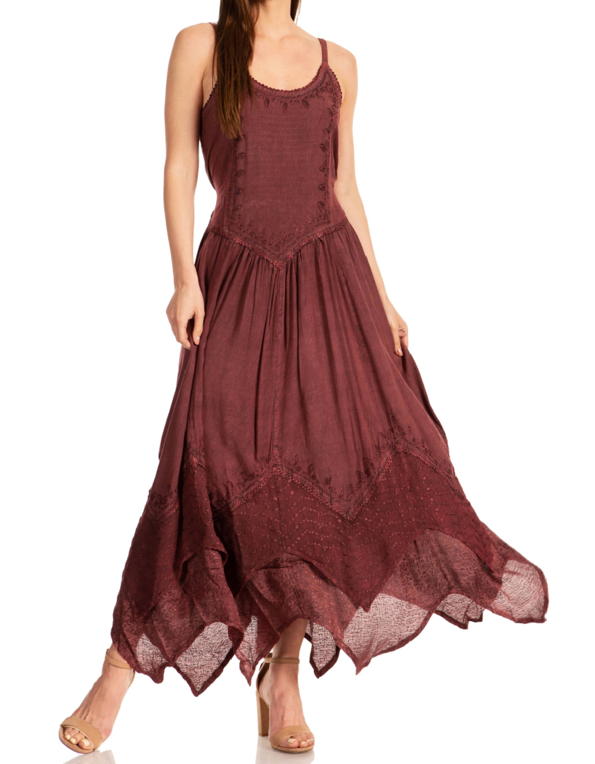 Sakkas Rayon Embroidered Stonewashed Adjustable Spaghetti Straps Long Dress - Concordia Style Boutique