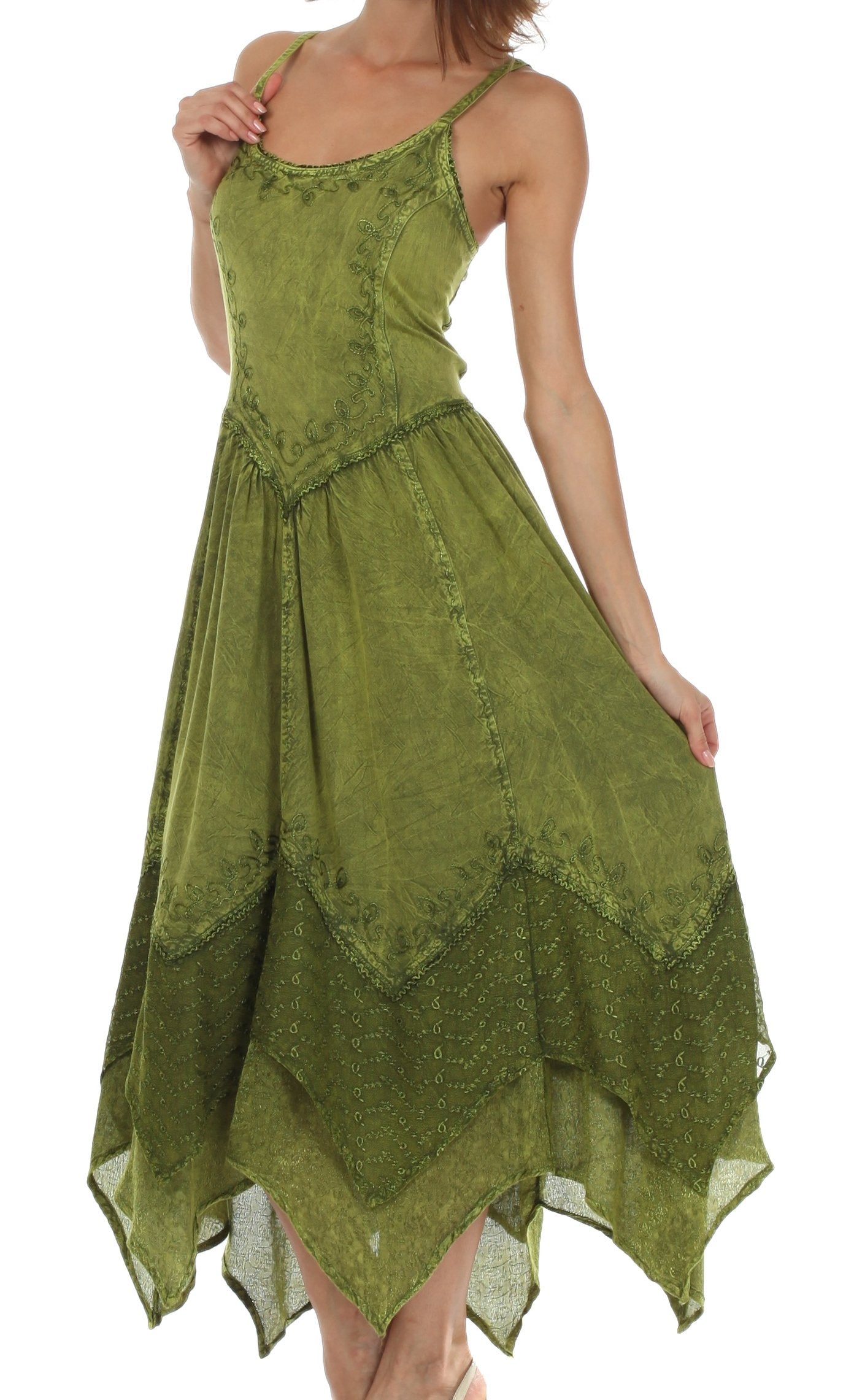 Sakkas Rayon Embroidered Stonewashed Adjustable Spaghetti Straps Long Dress - Concordia Style Boutique