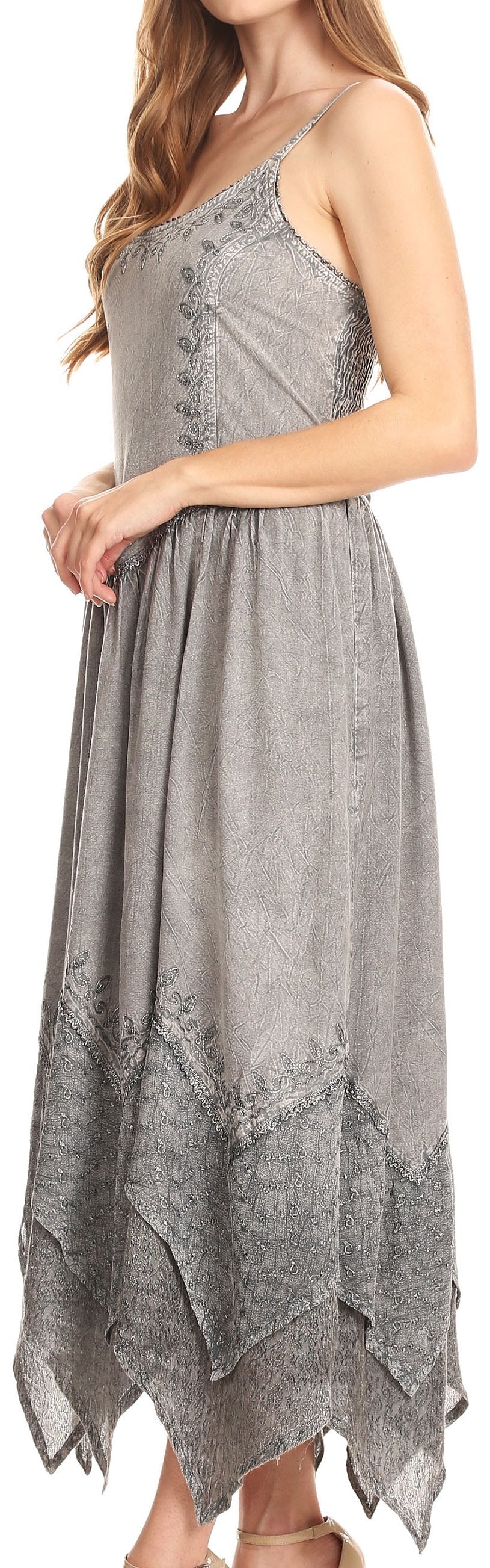 Sakkas Rayon Embroidered Stonewashed Adjustable Spaghetti Straps Long Dress - Concordia Style Boutique