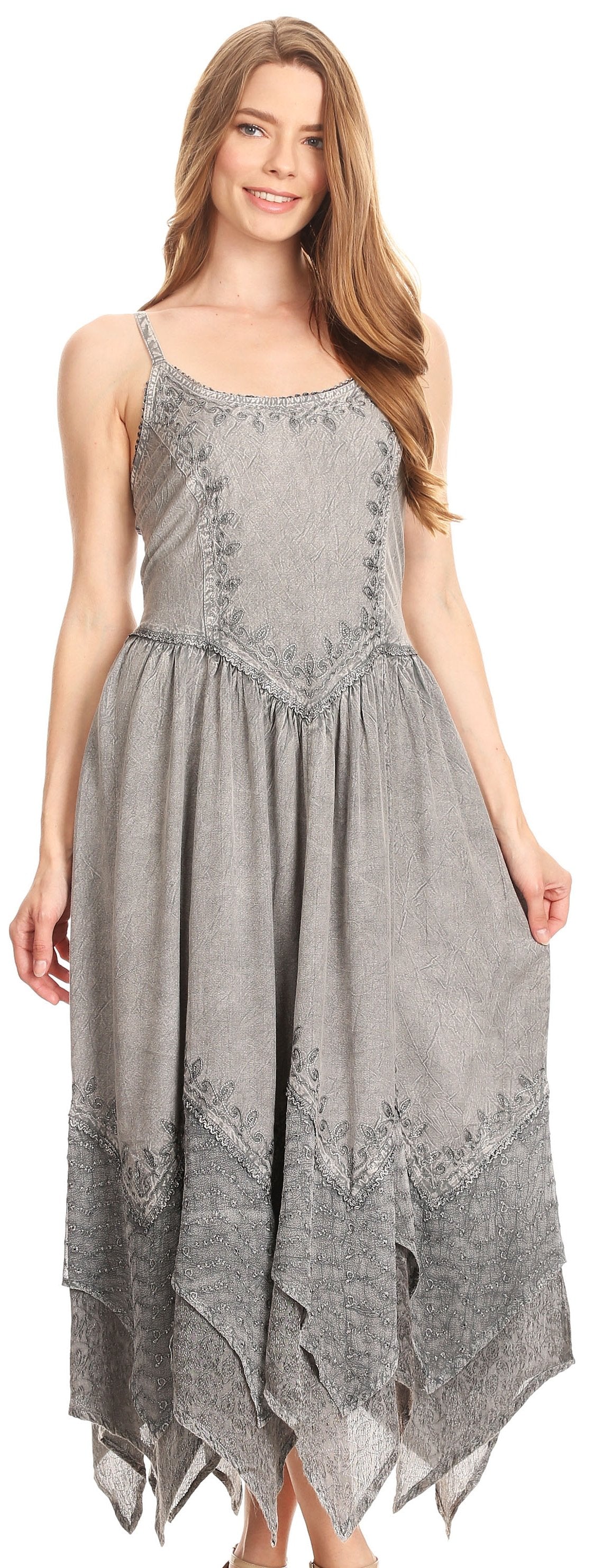 Sakkas Rayon Embroidered Stonewashed Adjustable Spaghetti Straps Long Dress - Concordia Style Boutique