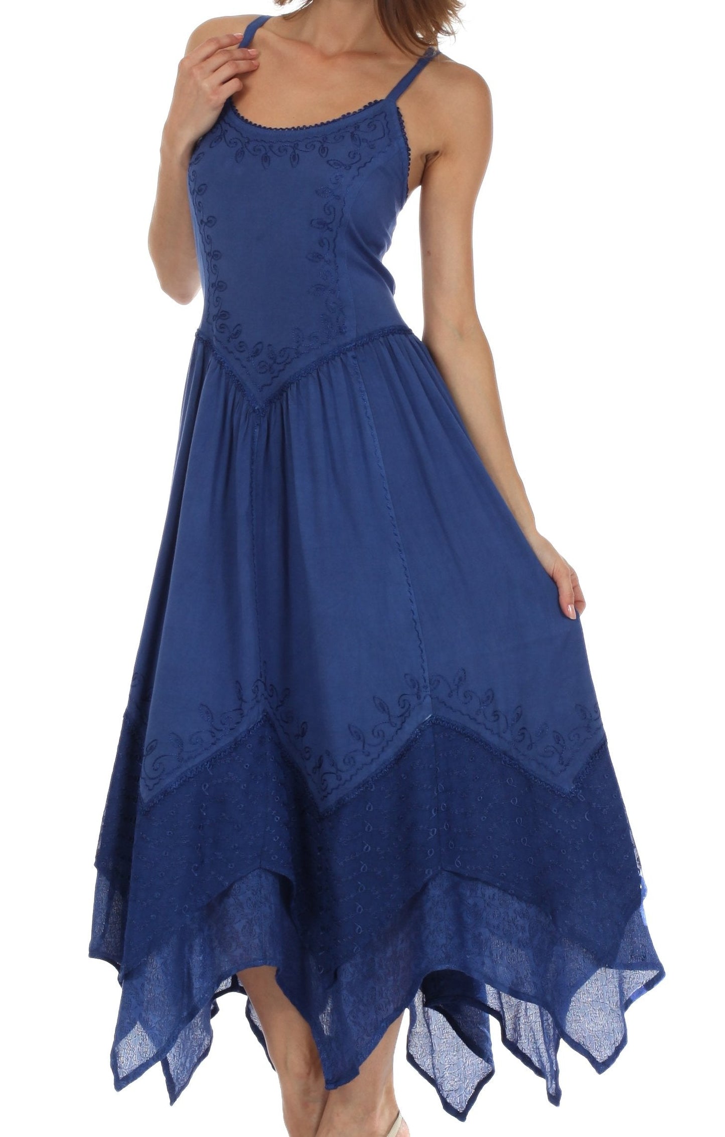 Sakkas Rayon Embroidered Stonewashed Adjustable Spaghetti Straps Long Dress - Concordia Style Boutique