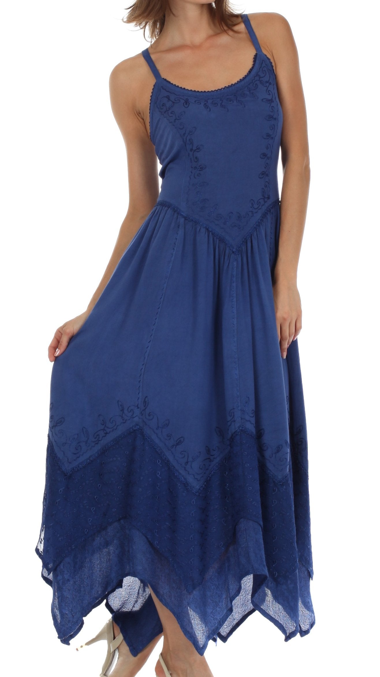 Sakkas Rayon Embroidered Stonewashed Adjustable Spaghetti Straps Long Dress - Concordia Style Boutique