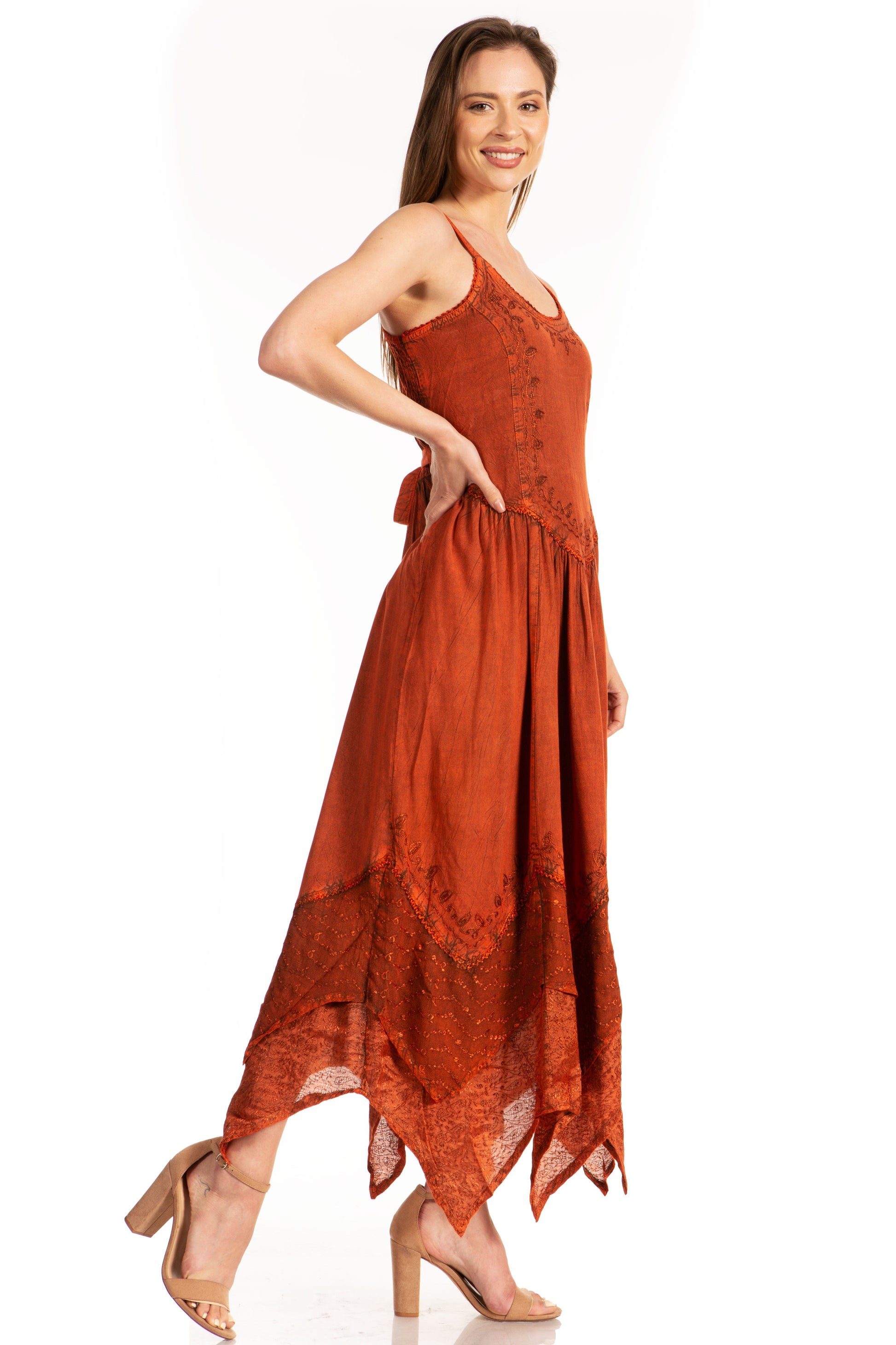 Sakkas Rayon Embroidered Stonewashed Adjustable Spaghetti Straps Long Dress - Concordia Style Boutique