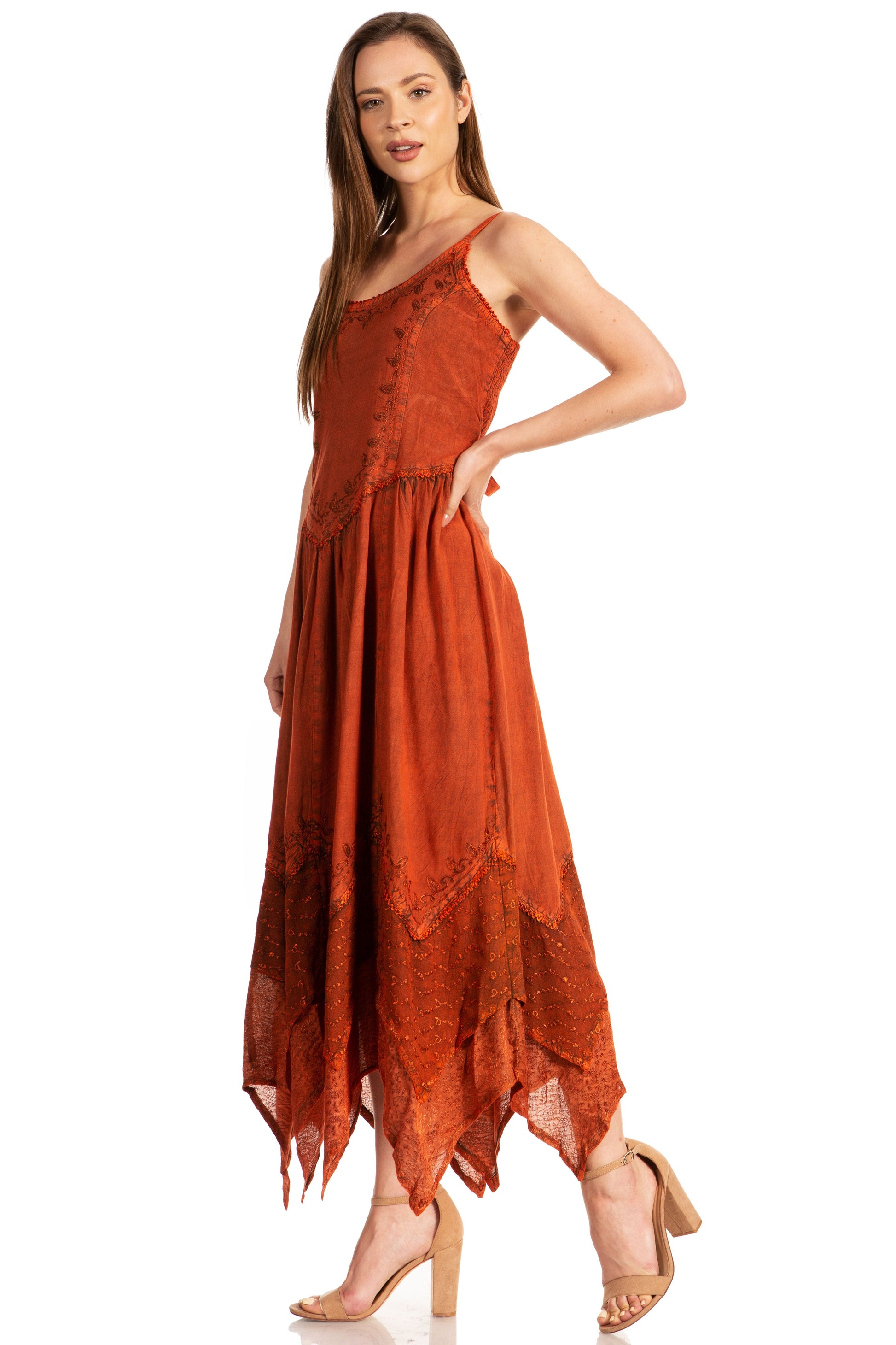 Sakkas Rayon Embroidered Stonewashed Adjustable Spaghetti Straps Long Dress - Concordia Style Boutique