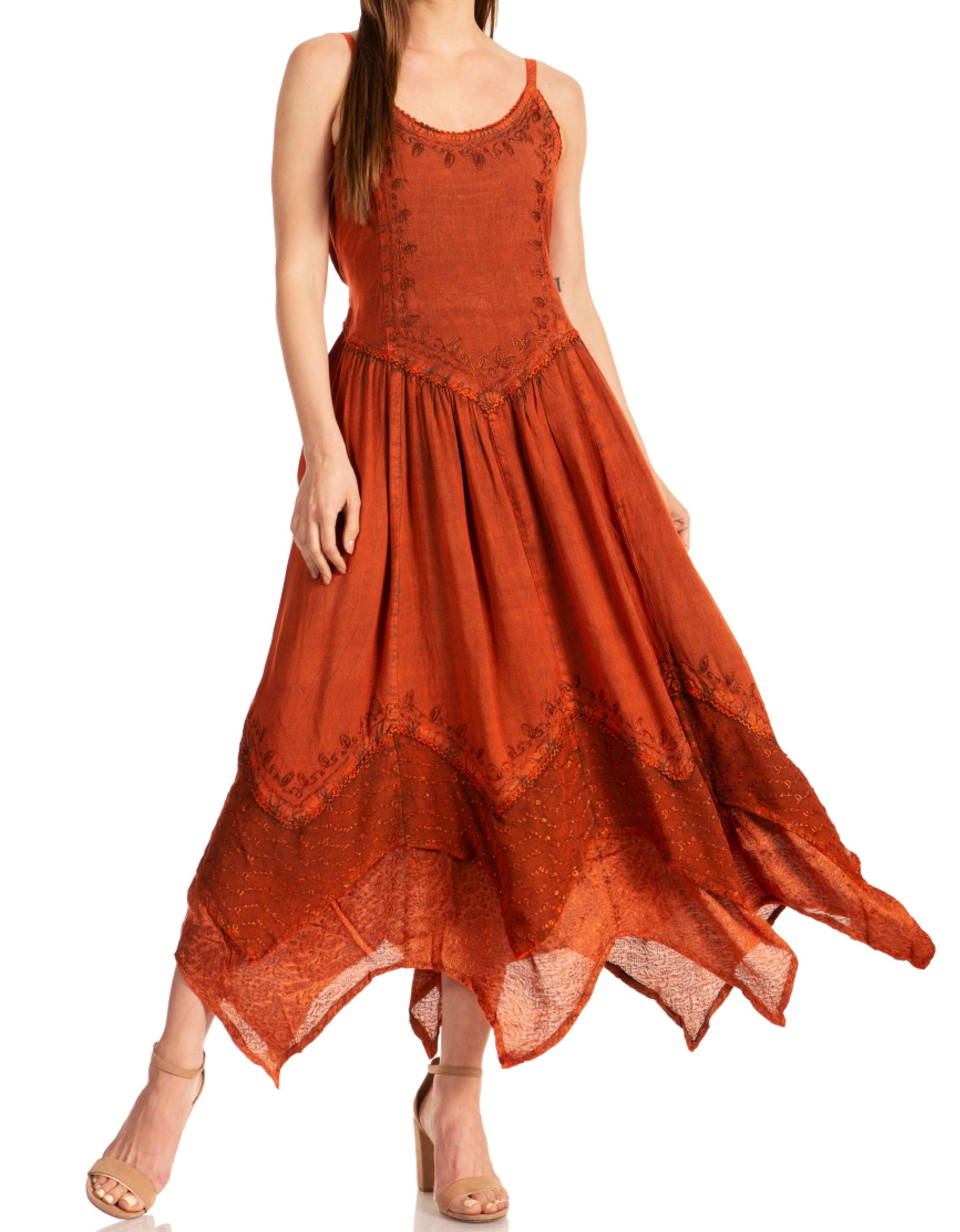 Sakkas Rayon Embroidered Stonewashed Adjustable Spaghetti Straps Long Dress - Concordia Style Boutique