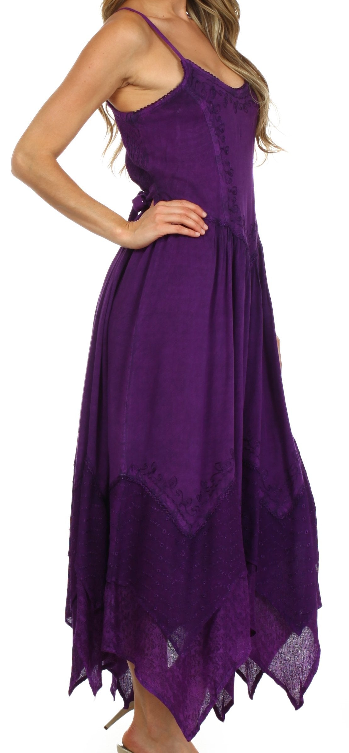 Sakkas Rayon Embroidered Stonewashed Adjustable Spaghetti Straps Long Dress - Concordia Style Boutique