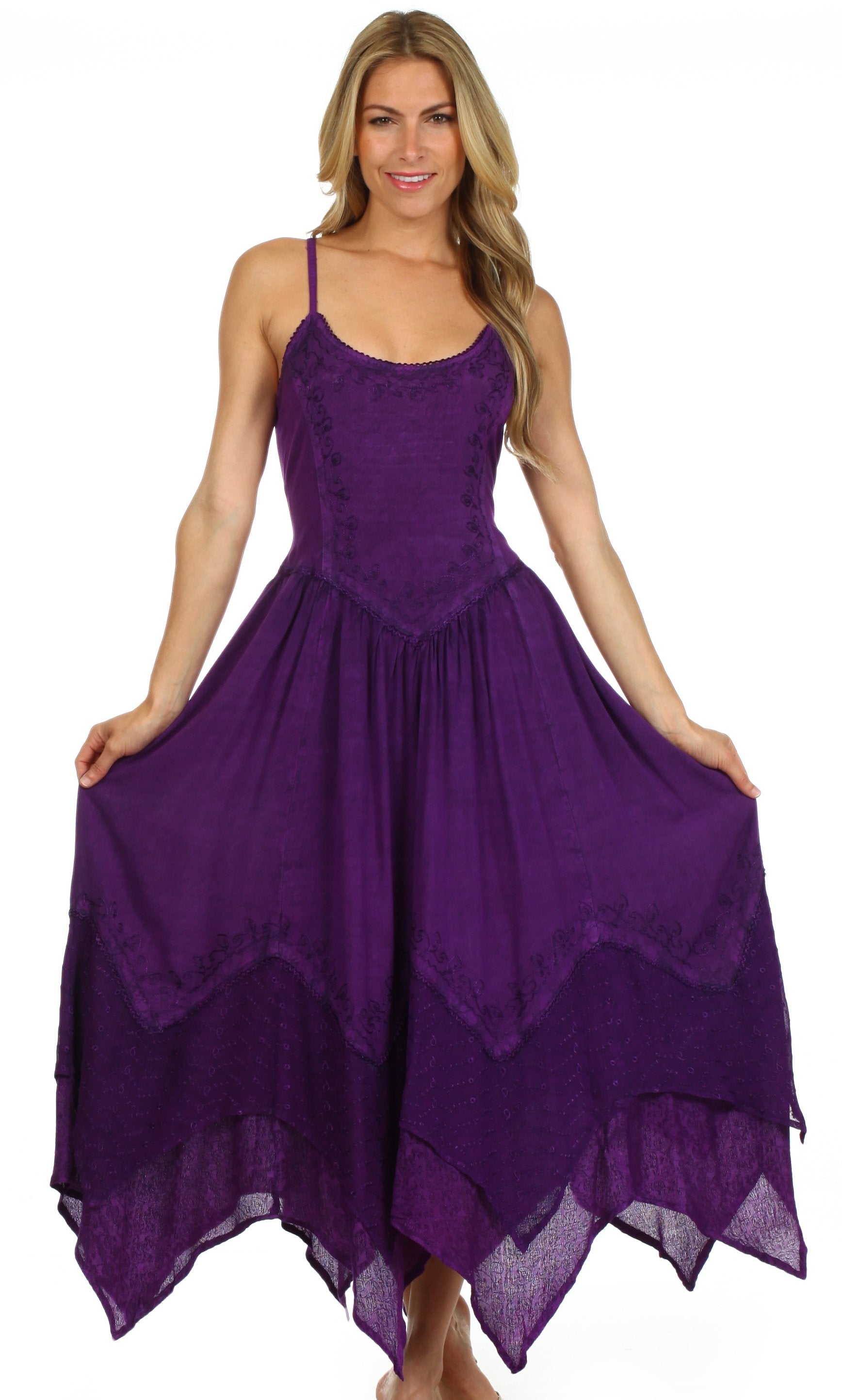Sakkas Rayon Embroidered Stonewashed Adjustable Spaghetti Straps Long Dress - Concordia Style Boutique